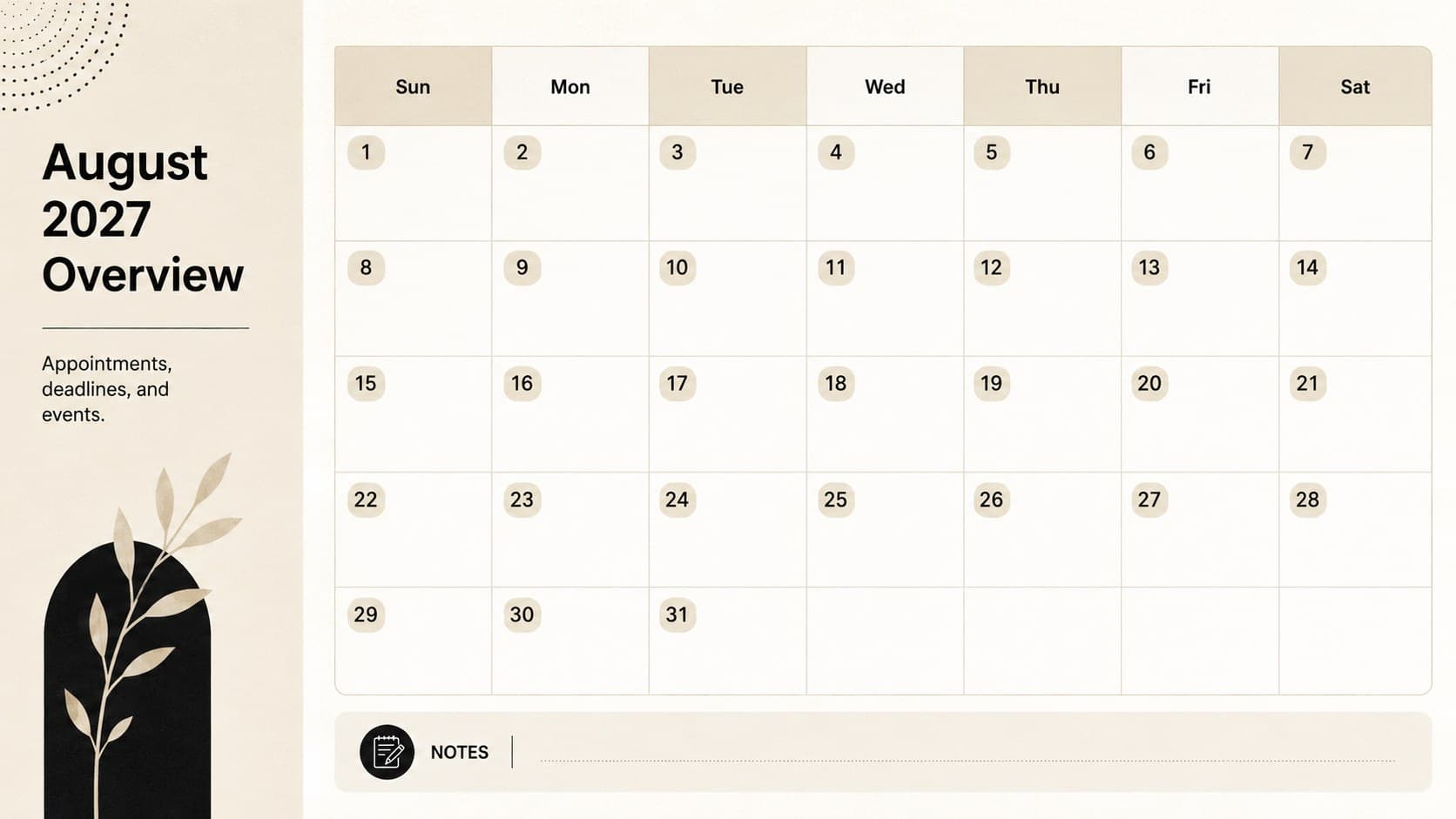 Dated August 2027 calendar slide with a spacious Sunday-to-Saturday grid for appointments and deadlines.