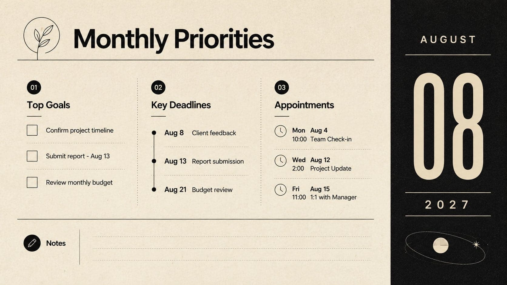 Minimalist monthly priorities slide for an August 2027 planner with sections for goals, deadlines, and notes.