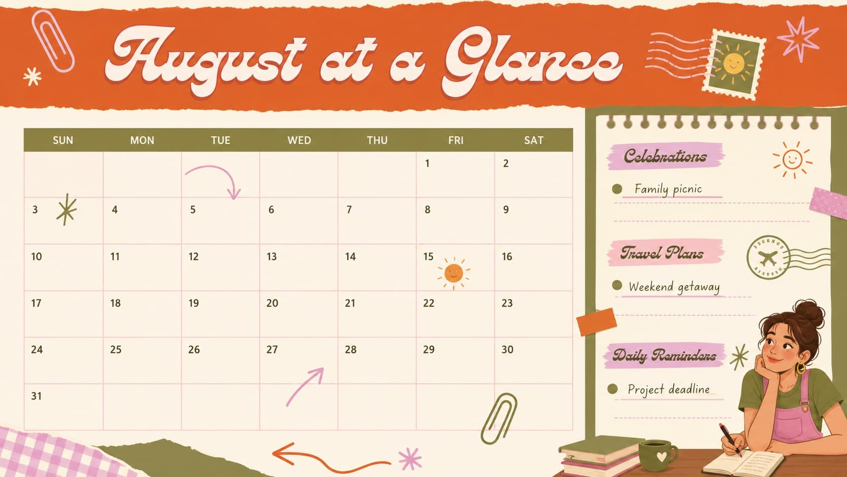 Editable August events calendar slide showing a spacious monthly grid with color-coded holidays, travel notes, and personal reminders.