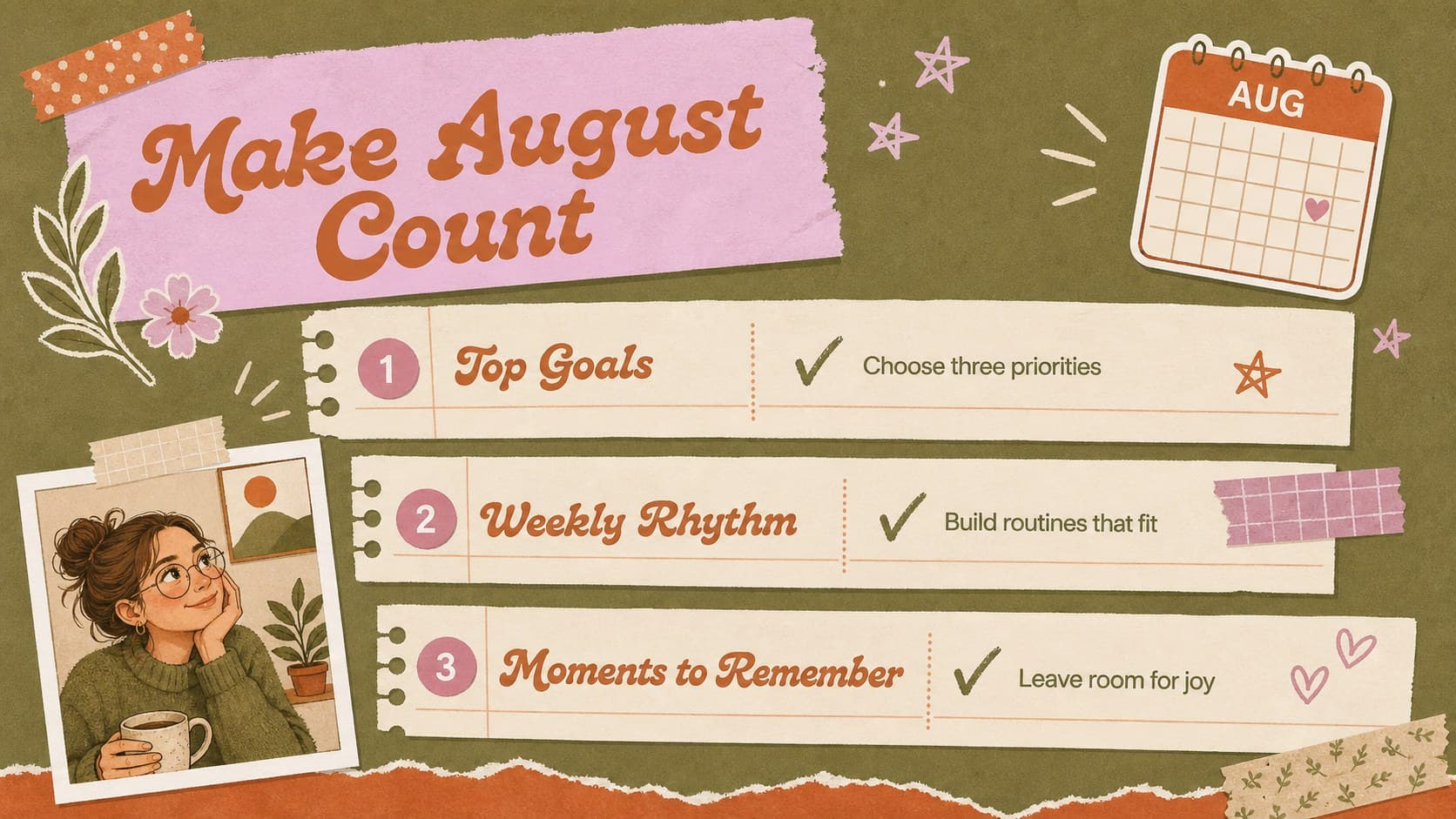August monthly planning slide with colorful sections for goals, routines, and seasonal activities in a retro scrapbook presentation style.