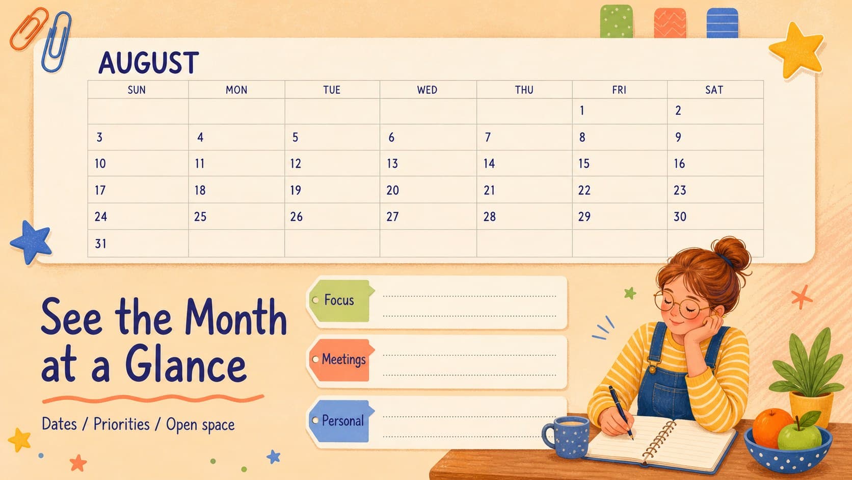 Monthly overview layout showing August priorities and a colorful editable calendar planning grid.