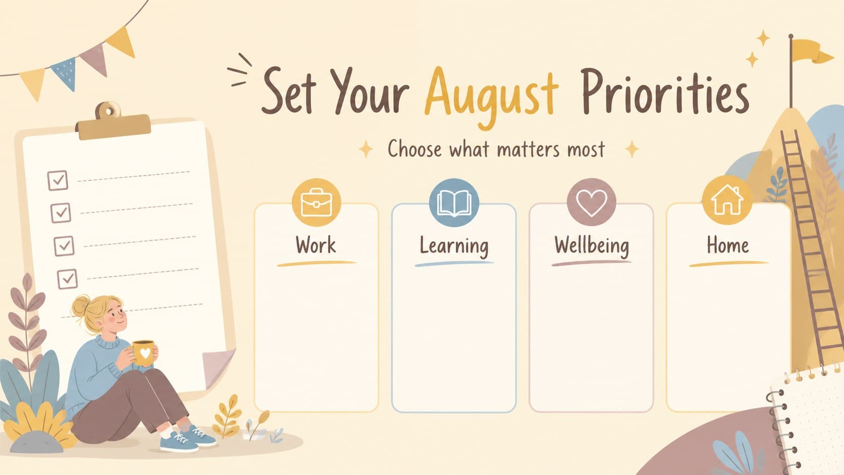 Goal-setting slide with illustrated August targets, priority cards, and space for monthly planning notes.