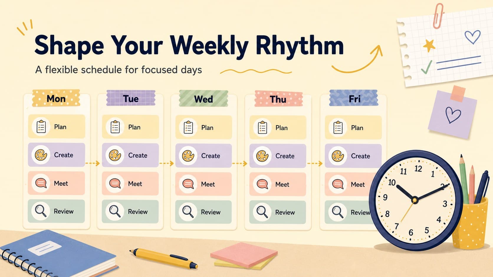 Weekly schedule slide with a structured August timetable, colorful time blocks, and editable planning notes.