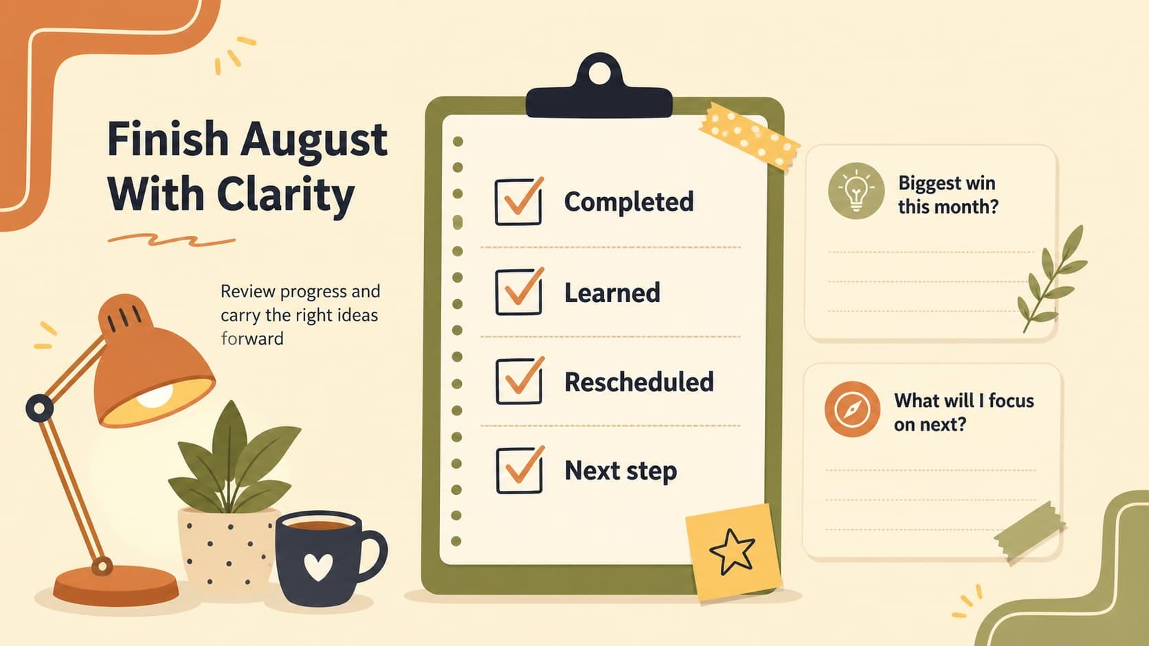 Closing planning slide with a monthly progress checklist, reflection prompts, and a cheerful beige illustrated layout.