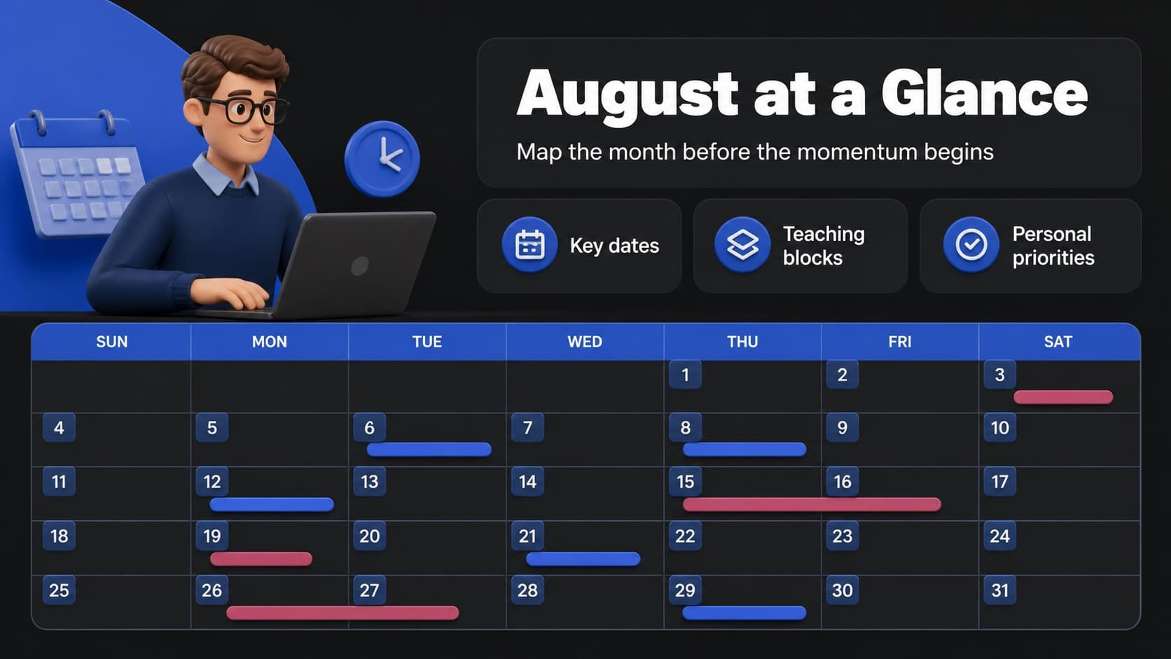 Monthly overview slide showing an August academic planning calendar in a 3D presentation style.