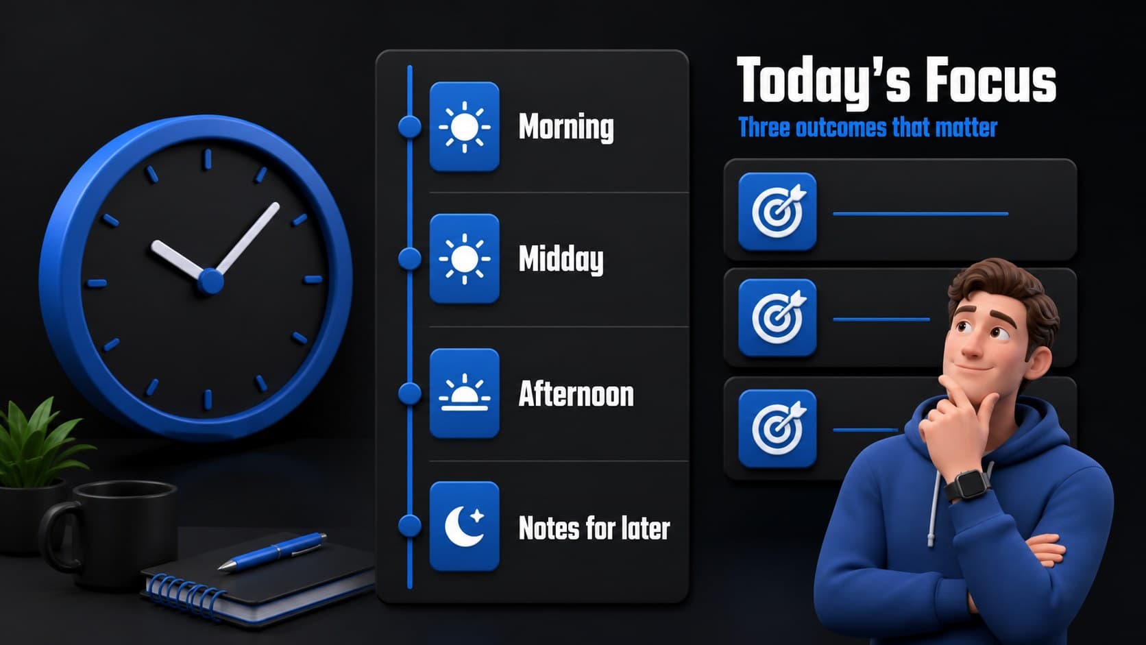 Daily focus page with space for a schedule, top priorities and notes in an editable planner deck.