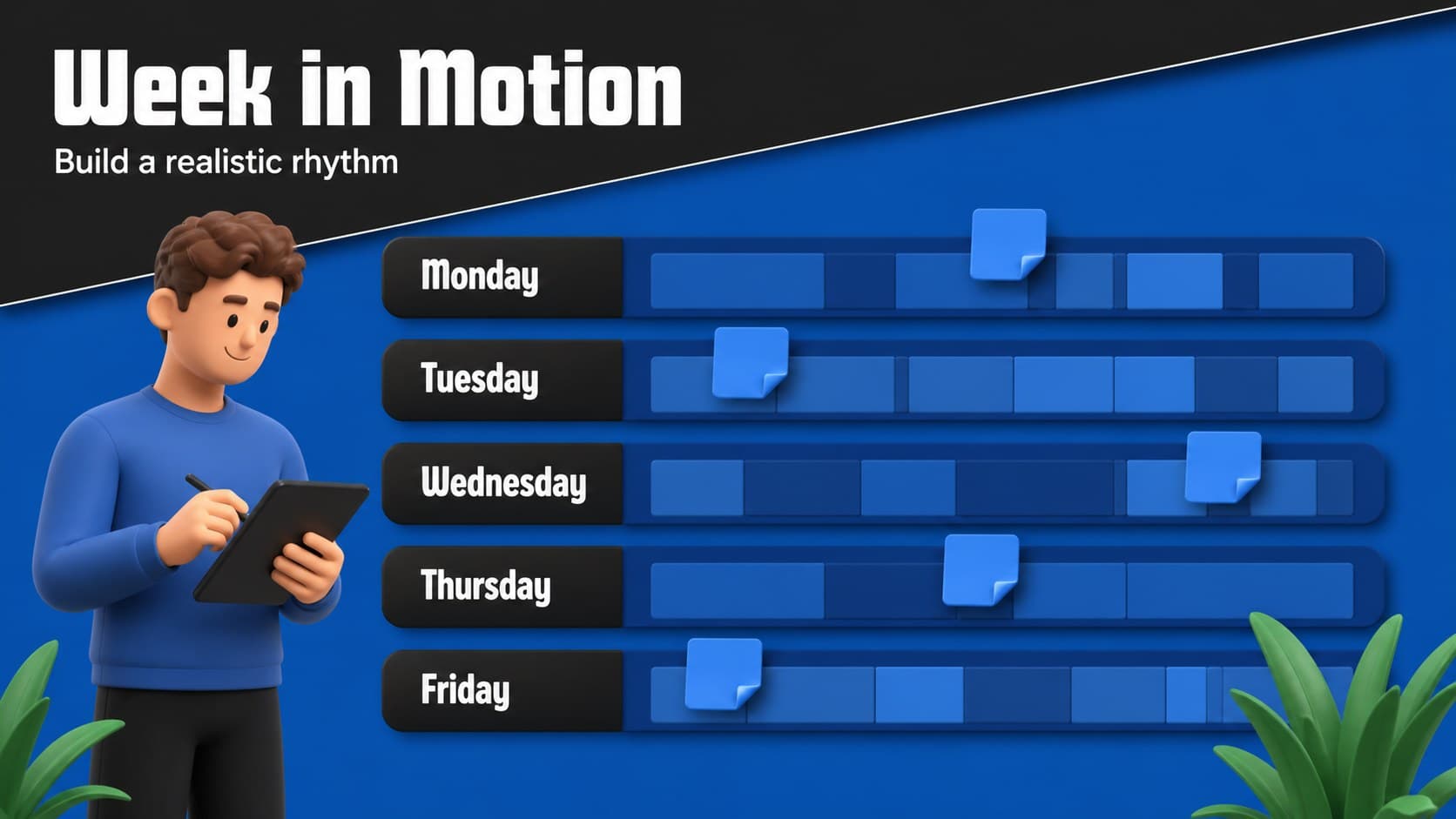 Weekly lesson planning layout with organized time blocks and colorful 3D calendar accents.