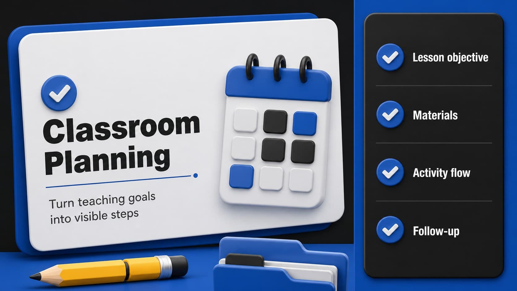 Classroom planning calendar template slide with lesson blocks, objectives and preparation tasks.