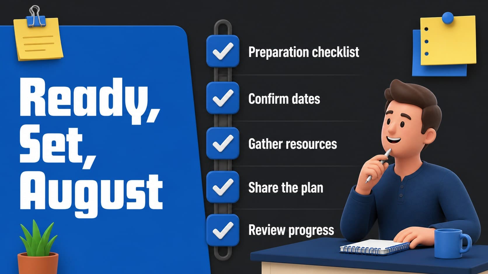 Checklist slide for organizing August preparation tasks with bold blue check marks and 3D objects.
