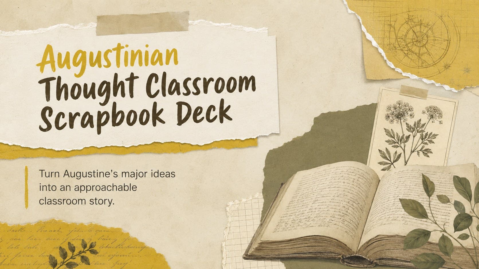 Cover of the Augustinian Thought Classroom Scrapbook Deck with yellow vintage paper, books, and scholarly botanical details.