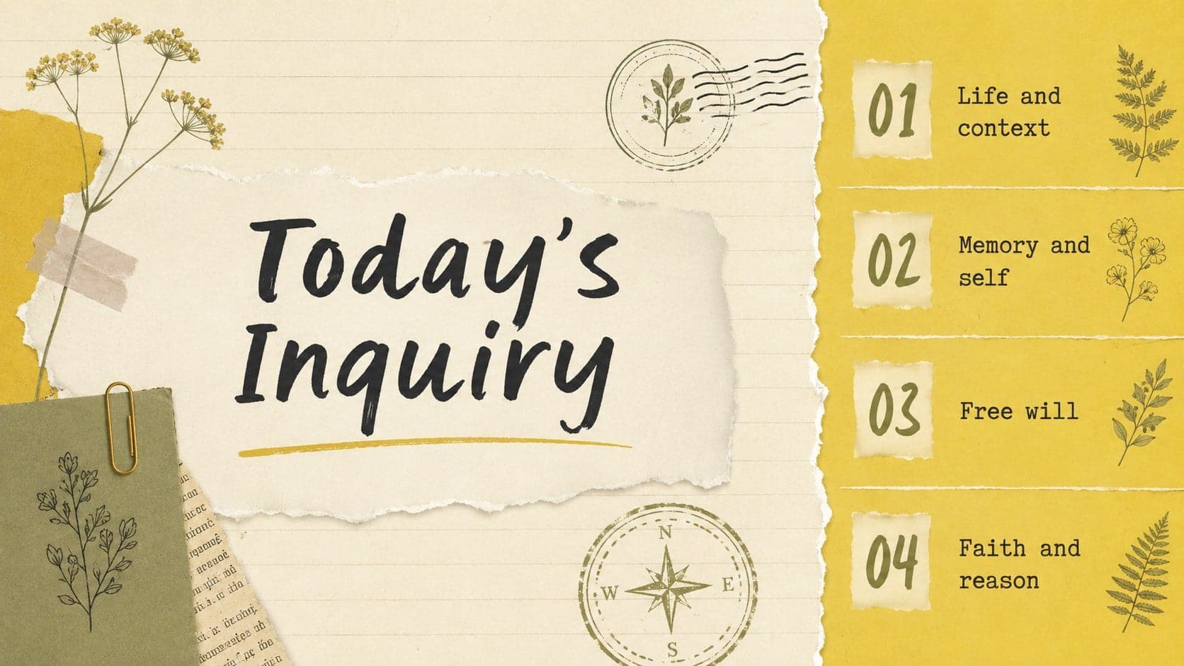 Yellow scrapbook agenda slide outlining an Augustinian philosophy classroom lesson.
