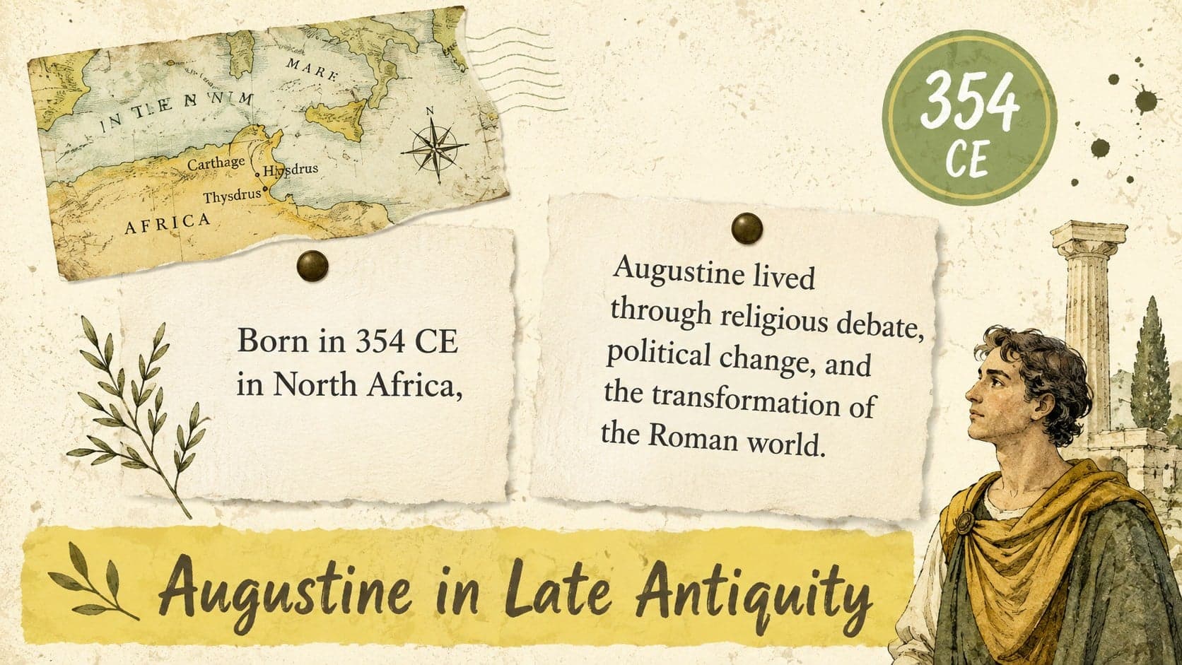 Scrapbook-style St. Augustine lesson presentation introducing his life and historical setting.