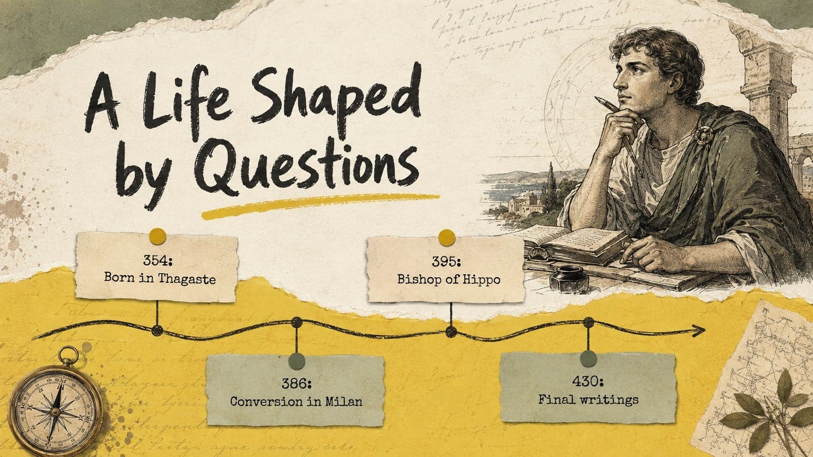 Vintage paper timeline tracing key events for an Augustinian philosophy teaching deck.