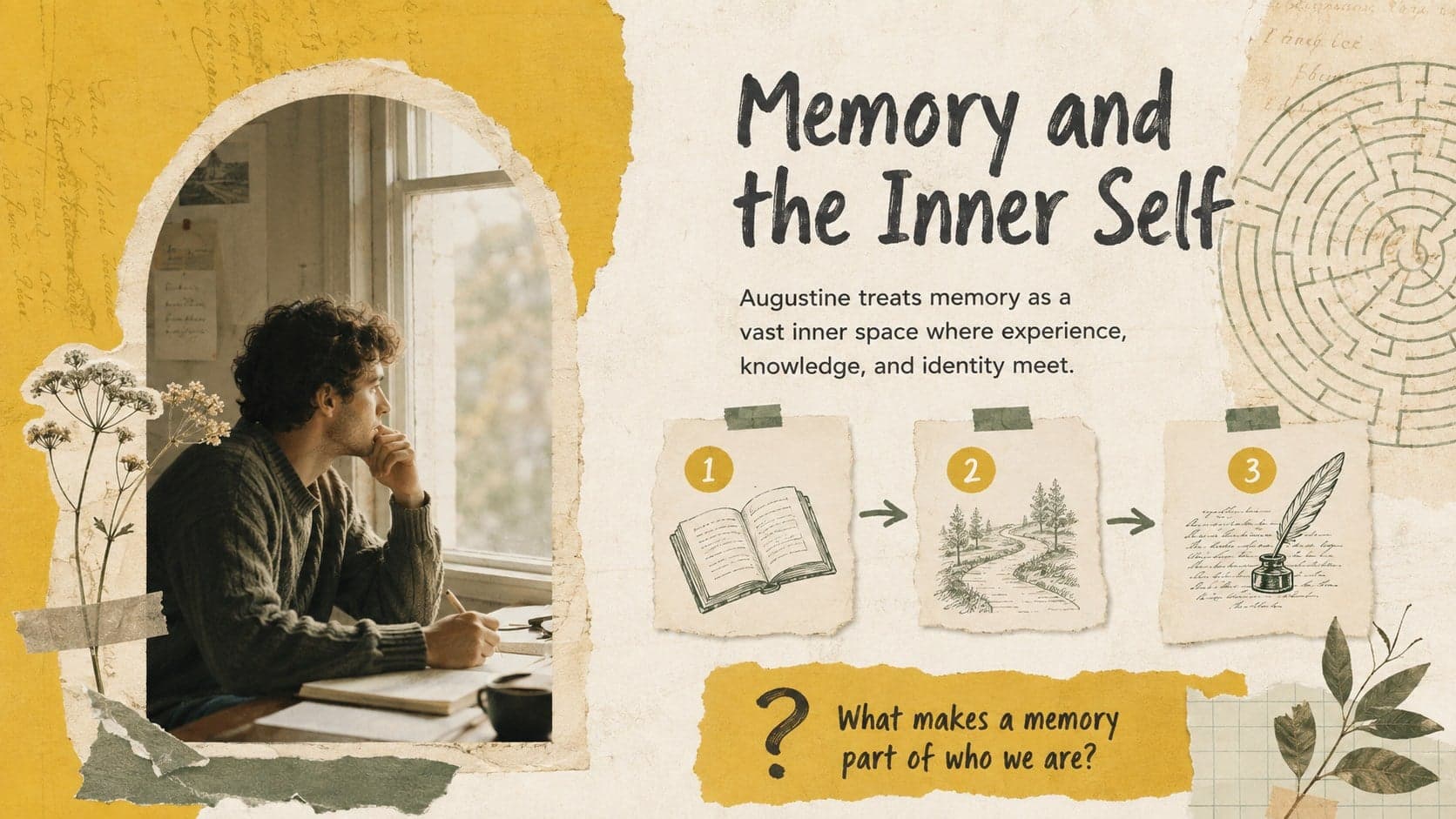 Christian philosophy classroom slide exploring Augustine's ideas about memory and identity.