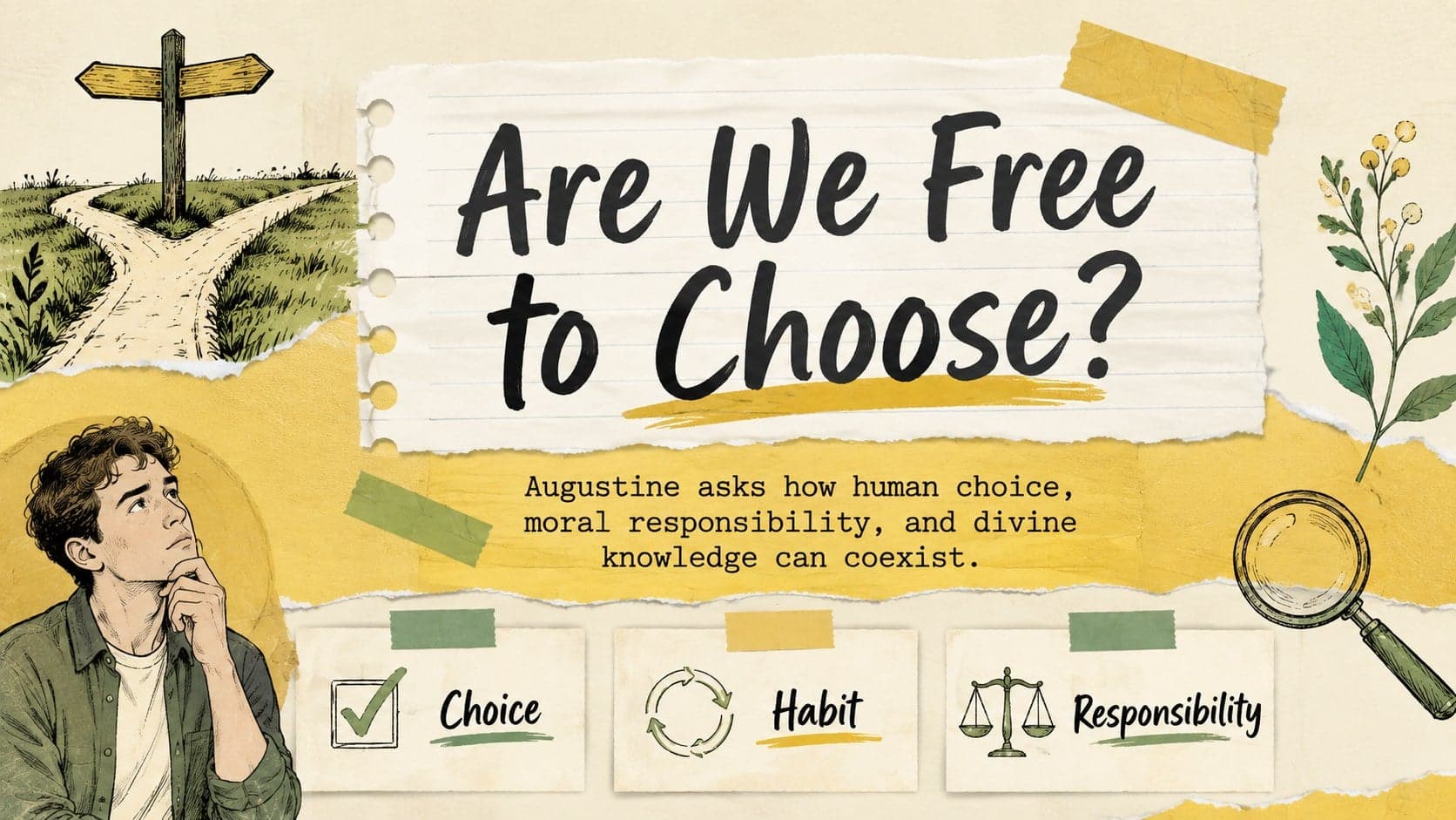 Augustinian thought scrapbook slide presenting a classroom question about free will.