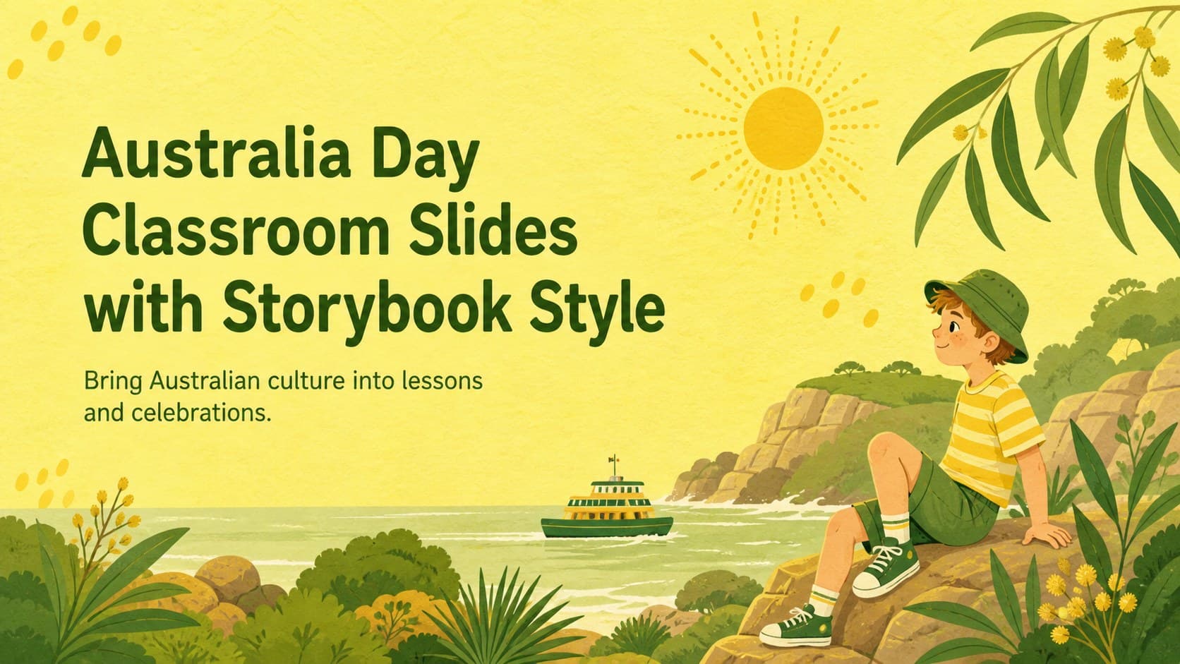 Cover for Australia Day Classroom Slides with playful storybook scenery in a yellow-and-green palette.