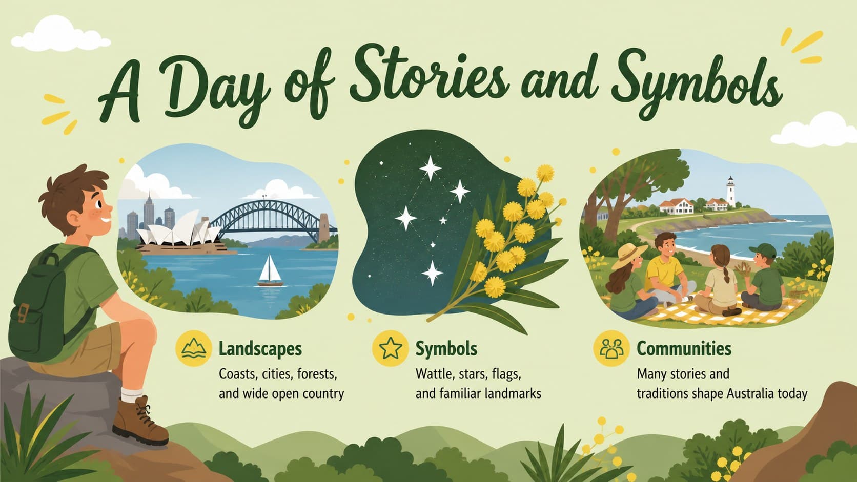 Australian culture lesson slide presenting national symbols through colorful storybook illustrations.