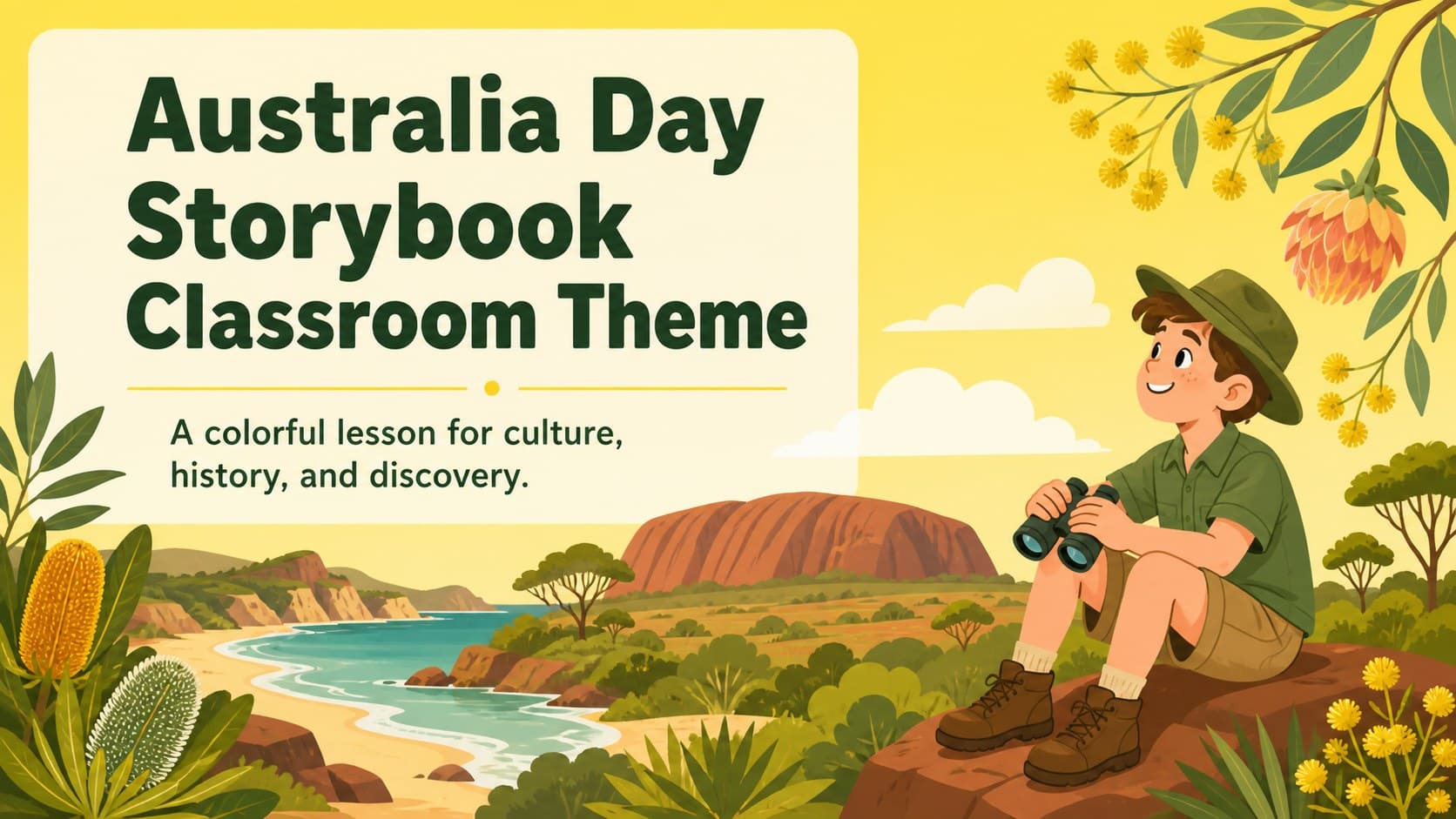 Cover slide for an Australia Day classroom theme with cheerful green and yellow storybook artwork.