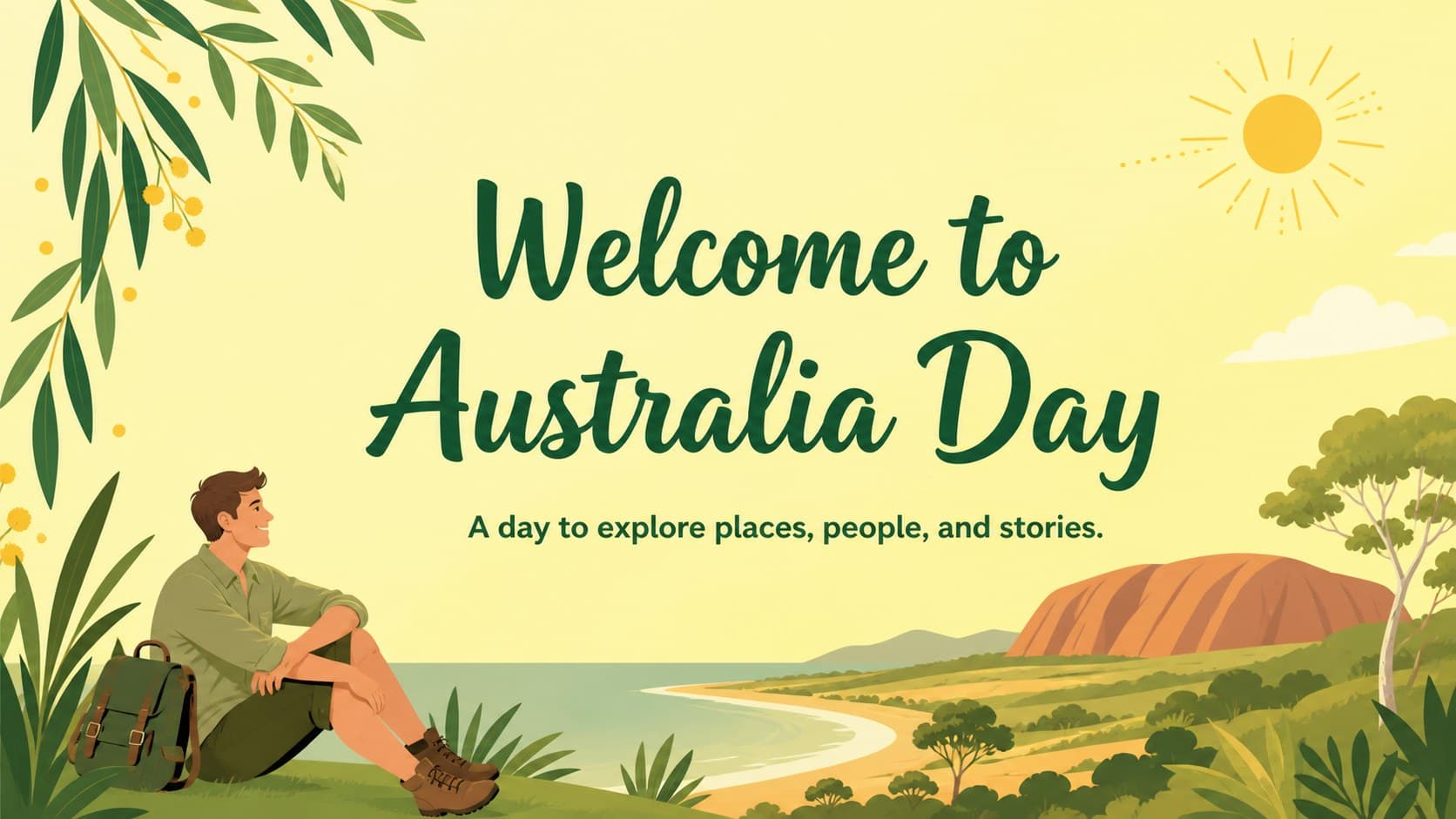 Australia Day lesson introduction slide showing a classroom welcome and illustrated native landscape.