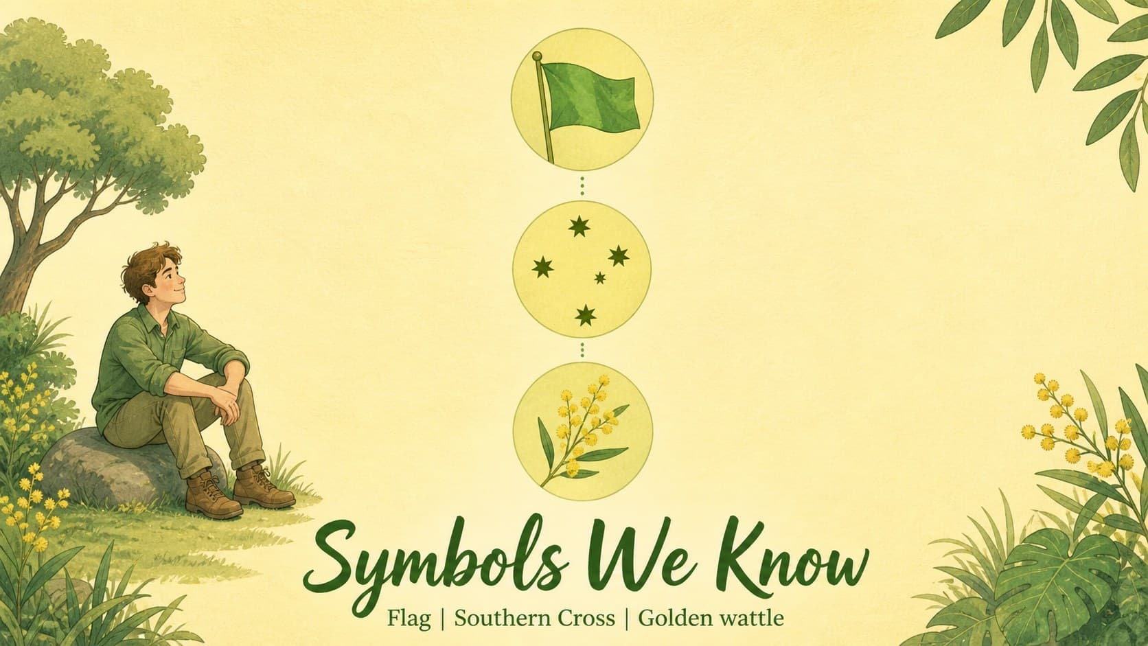 Australia Day school presentation slide introducing national symbols with illustrated icons.