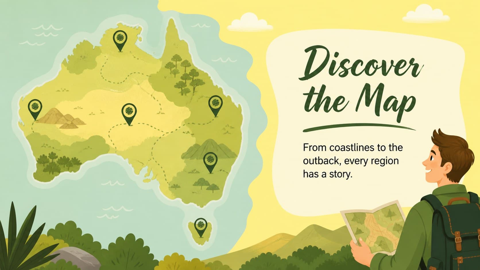 Australian culture lesson slide featuring a colorful map and regional discovery prompts.