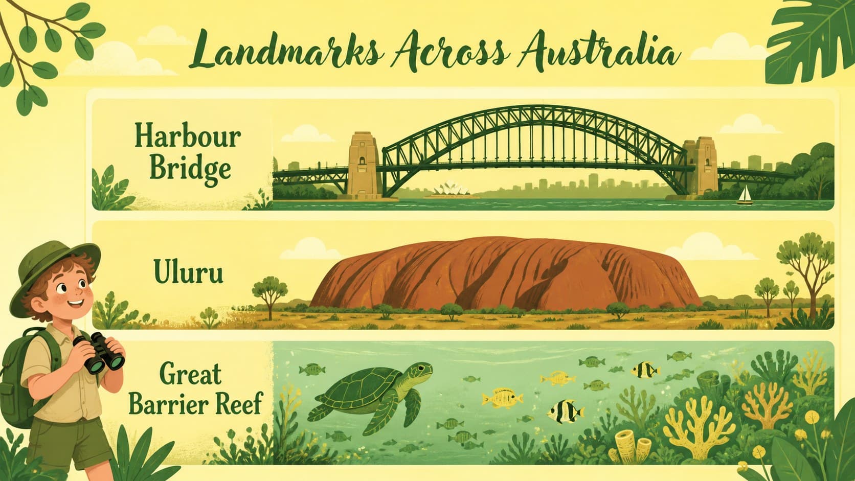 Australia Day geography presentation slide highlighting famous Australian landmarks.