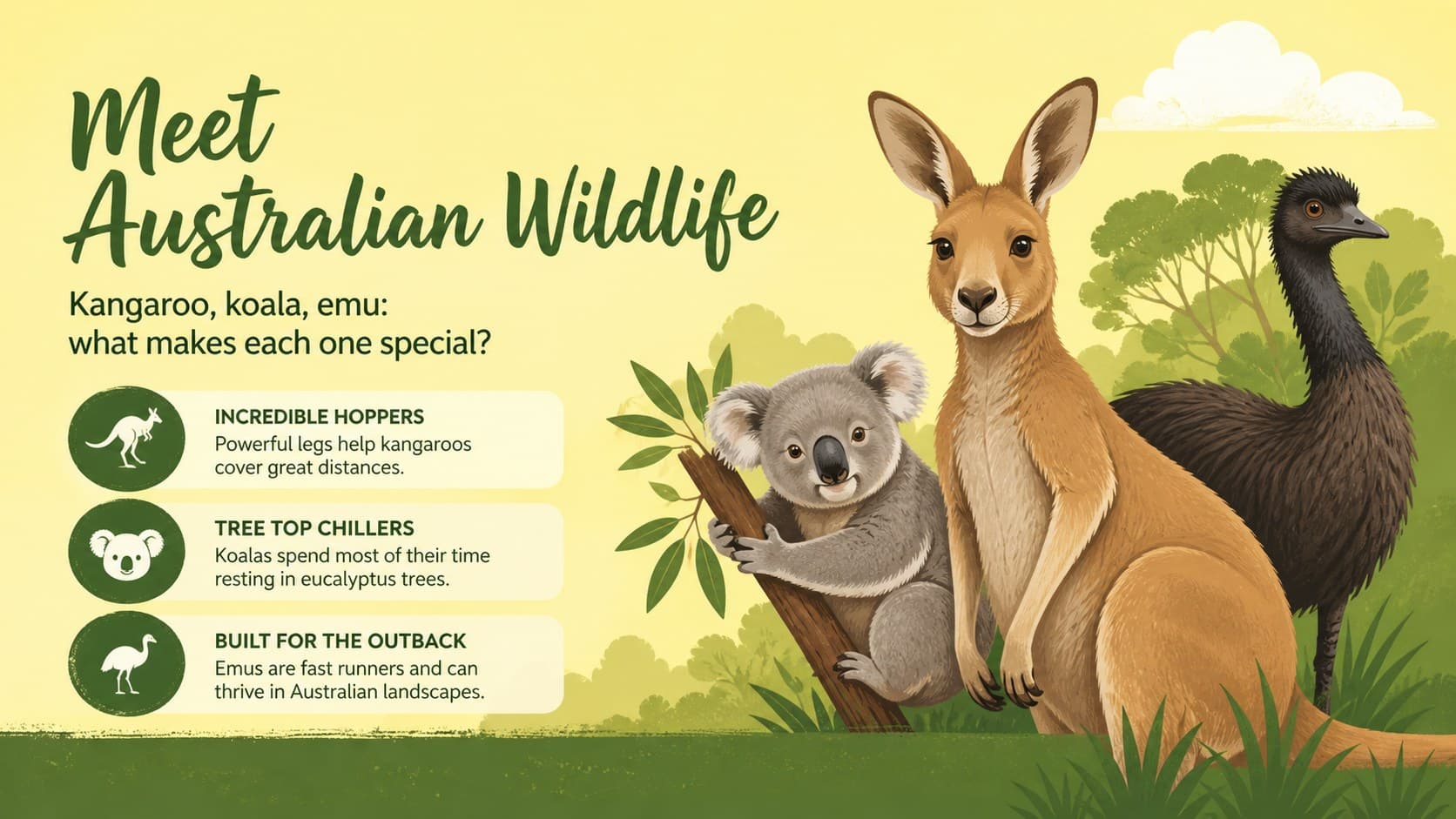 Australian culture lesson slide explaining native animals with friendly illustrated wildlife.
