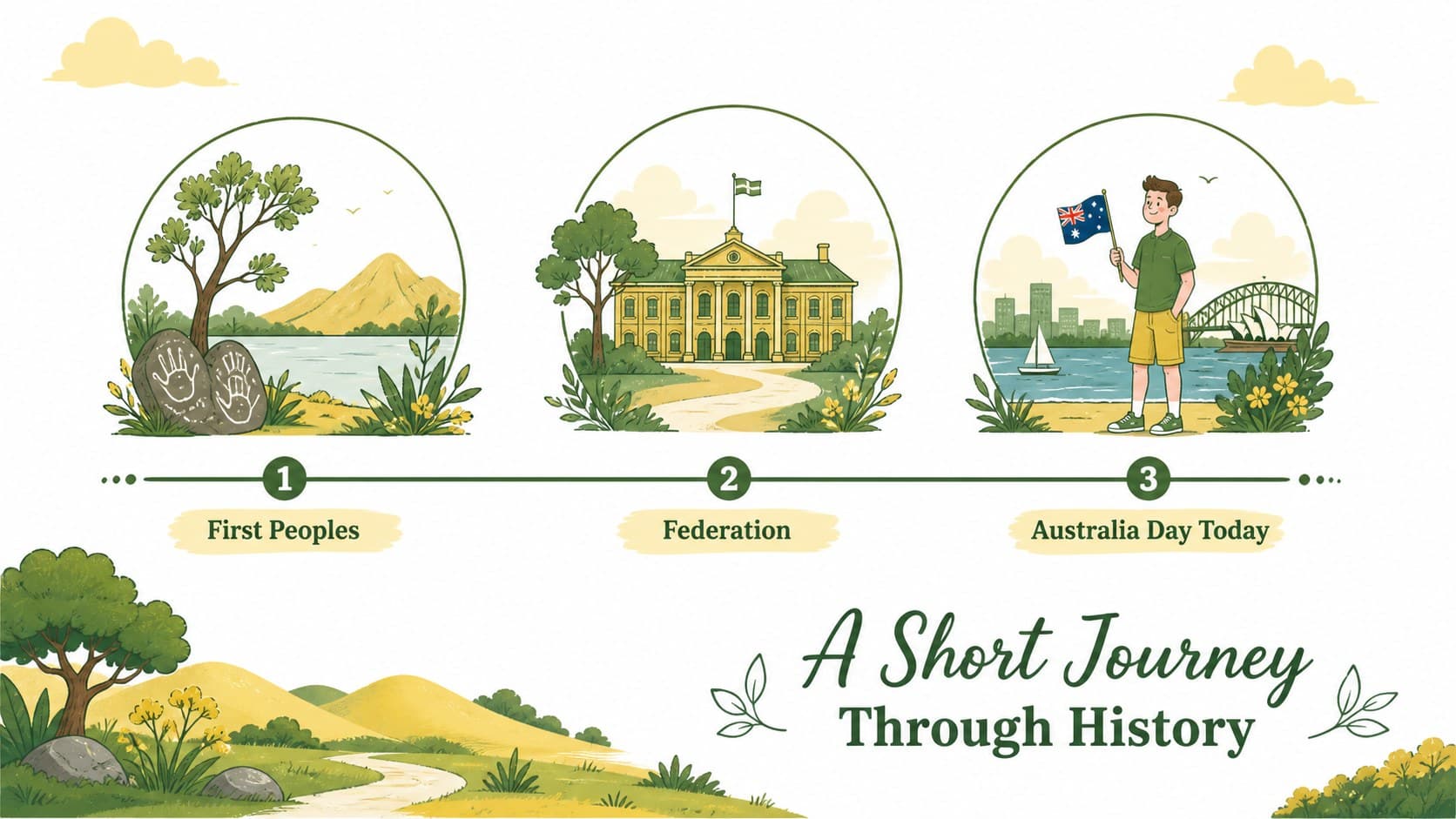 Australia Day school presentation slide showing a timeline of key national moments.