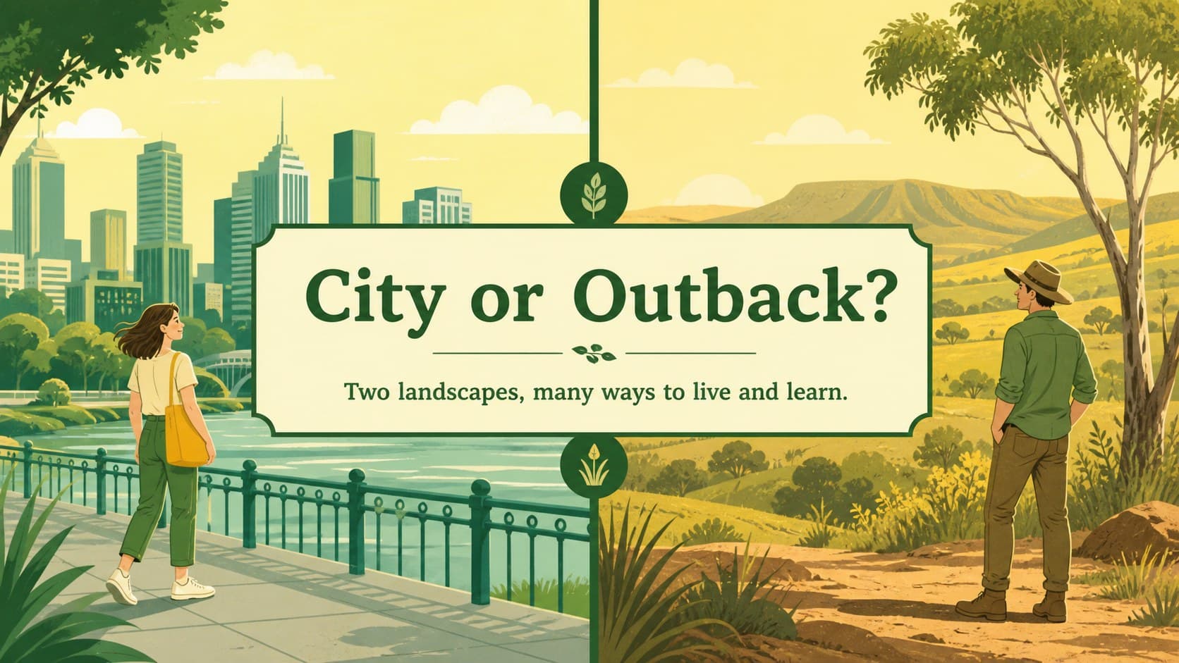 Australian culture lesson slide comparing city and outback landscapes.