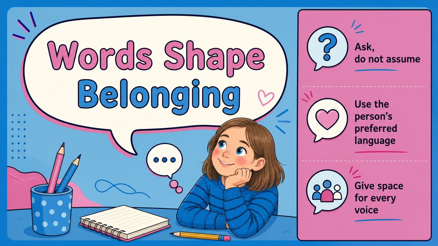 Classroom conversation slide with respectful language prompts for school inclusion education.
