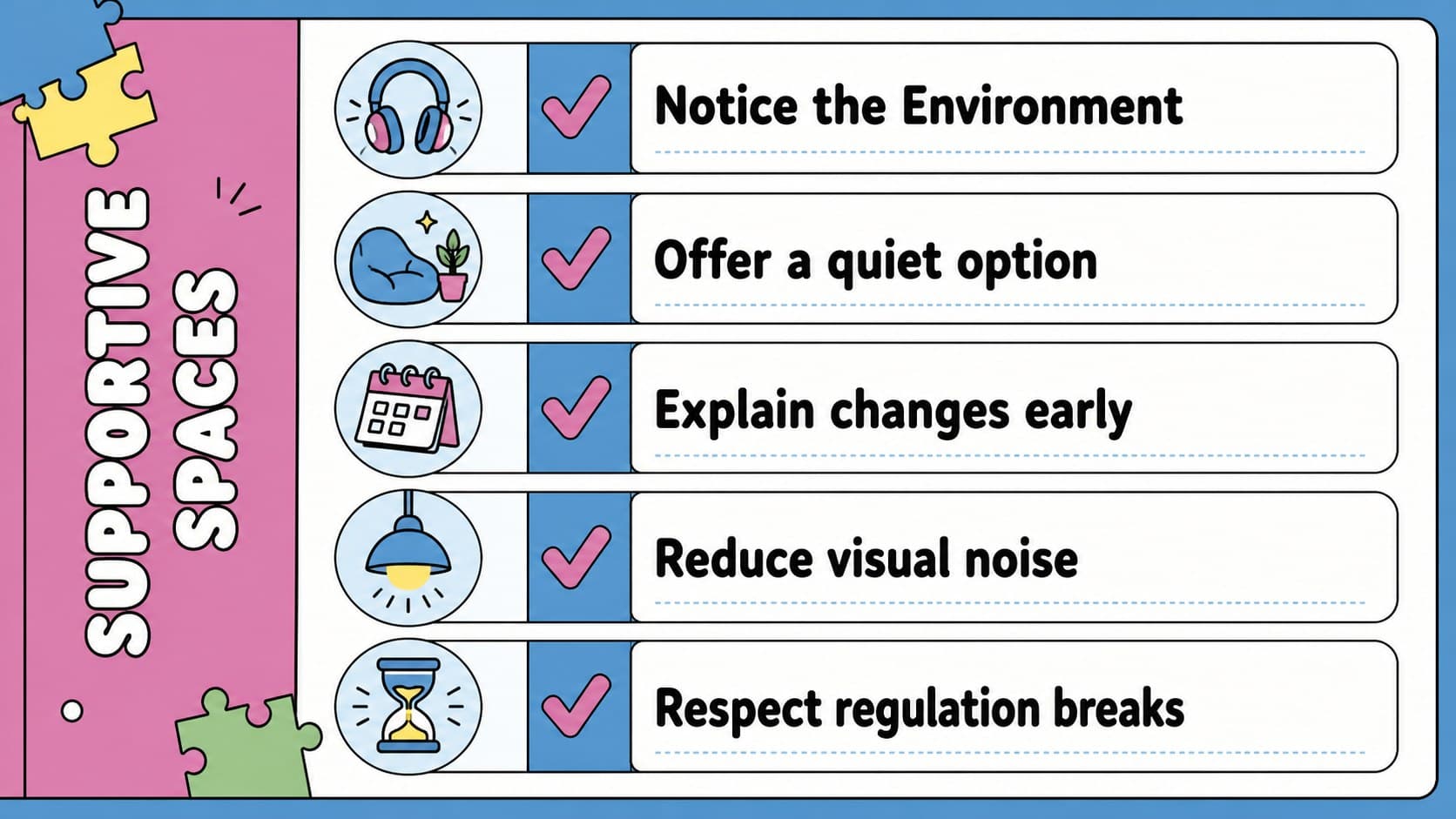Sensory support checklist slide in a blue and pink autism awareness school presentation.