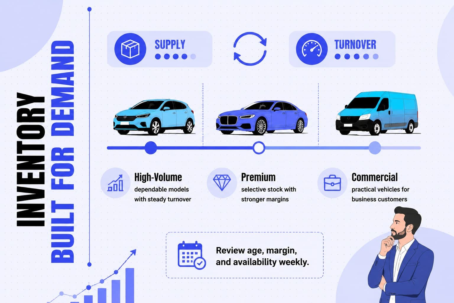 Vehicle inventory strategy slide balancing high-volume, premium, and commercial automotive stock.