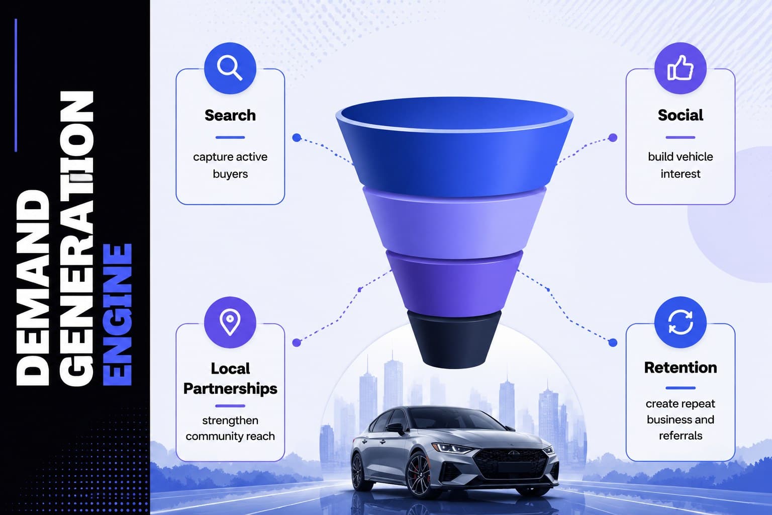 Auto showroom marketing plan slide showing search, social, local partnerships, and customer retention channels.