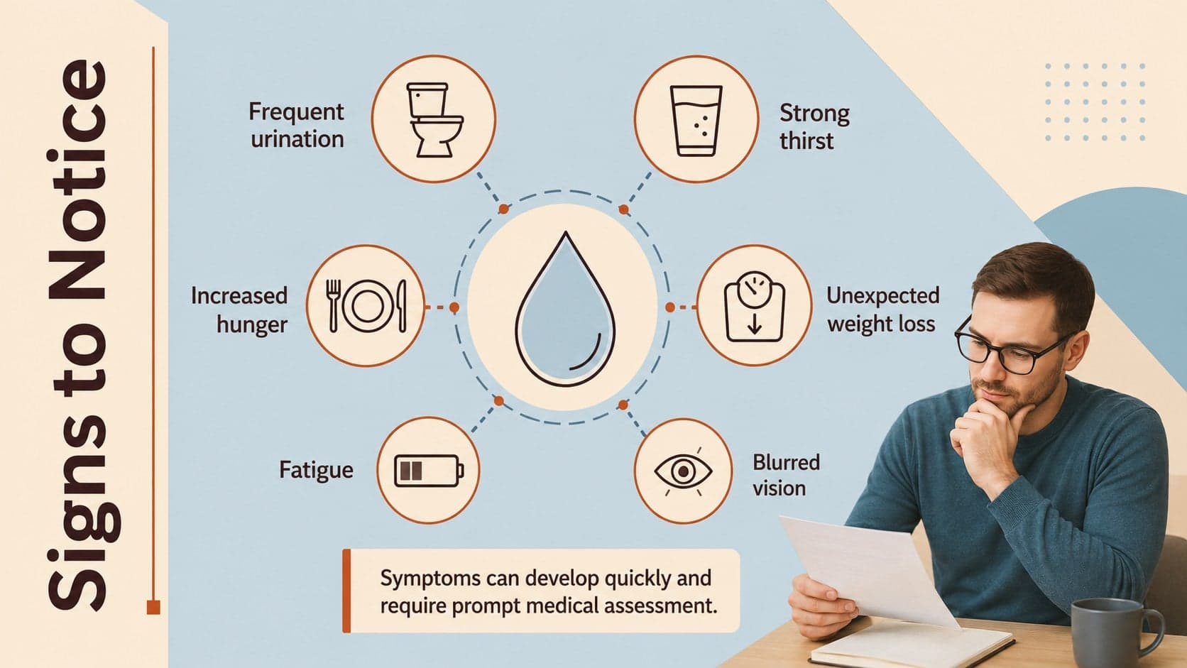Type 1 diabetes symptoms classroom lesson with icons for thirst, fatigue, hunger, and frequent urination.