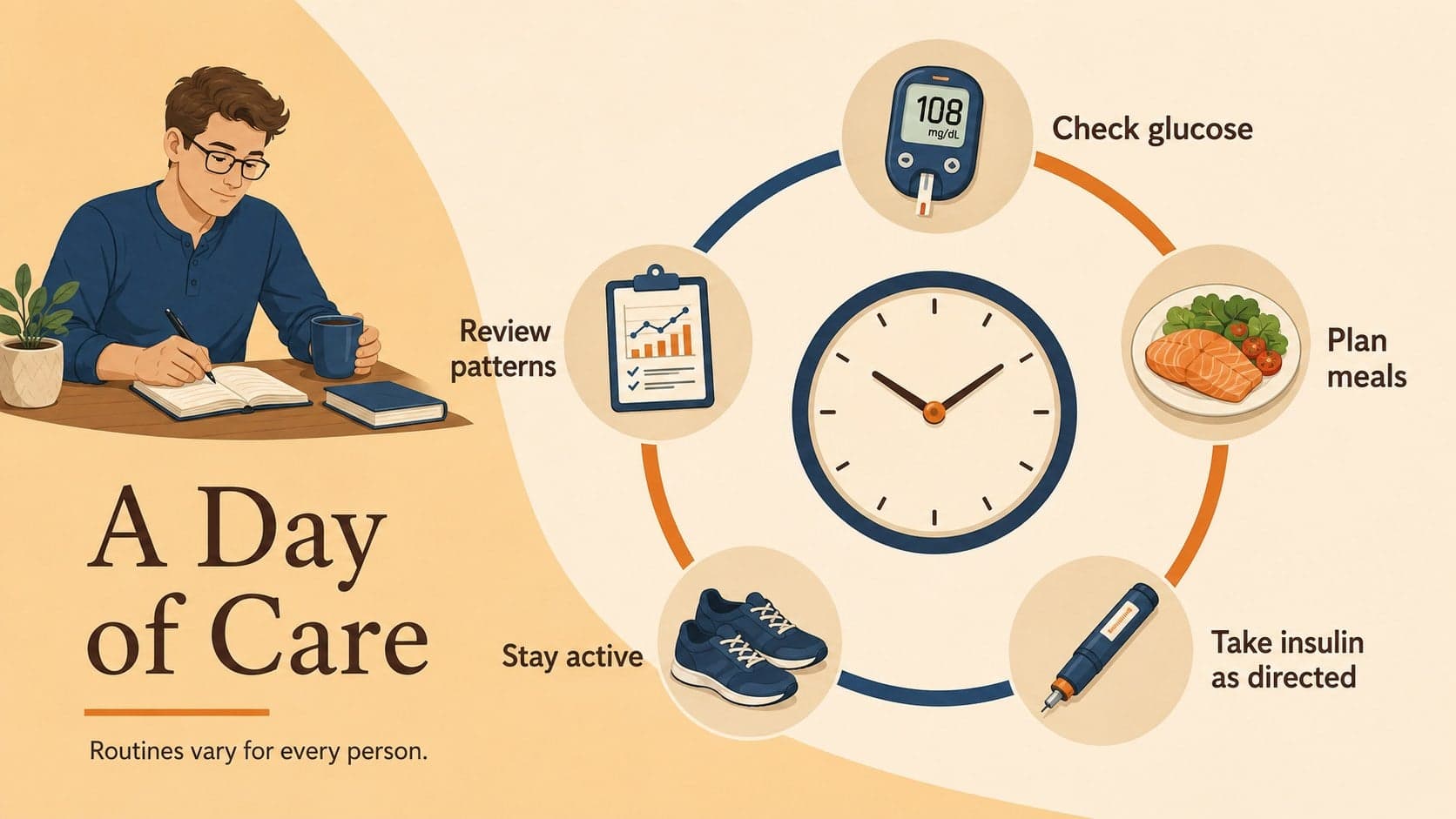 Daily type 1 diabetes management timeline covering glucose checks, meals, insulin, and activity.