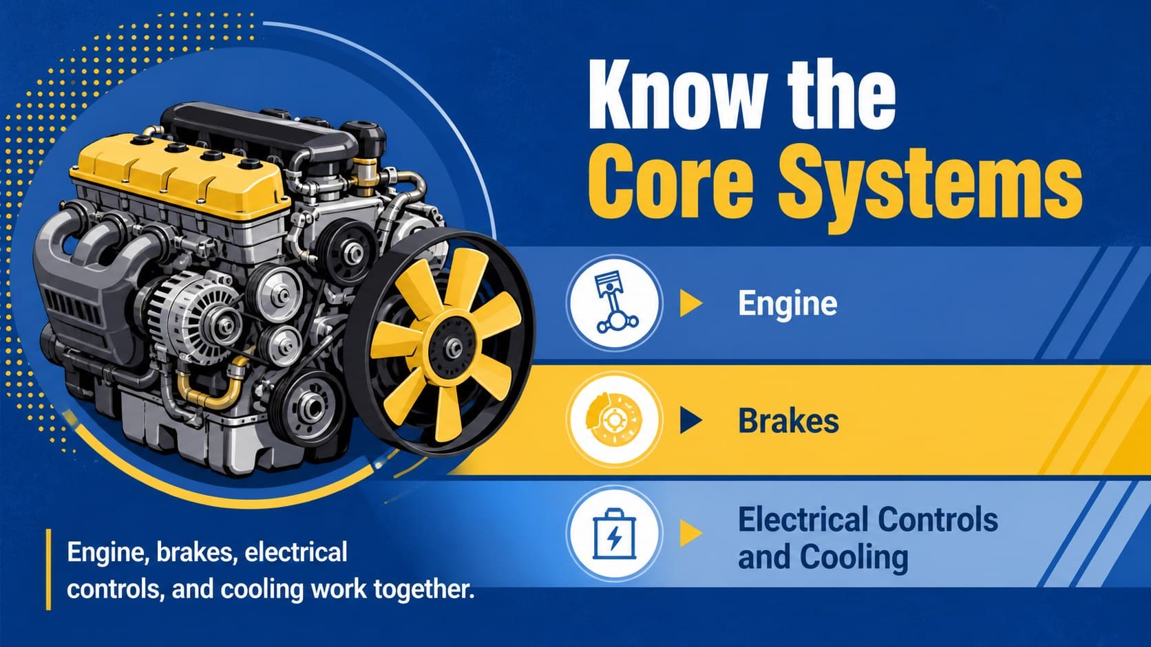 Vehicle maintenance lesson deck slide explaining essential automotive systems.