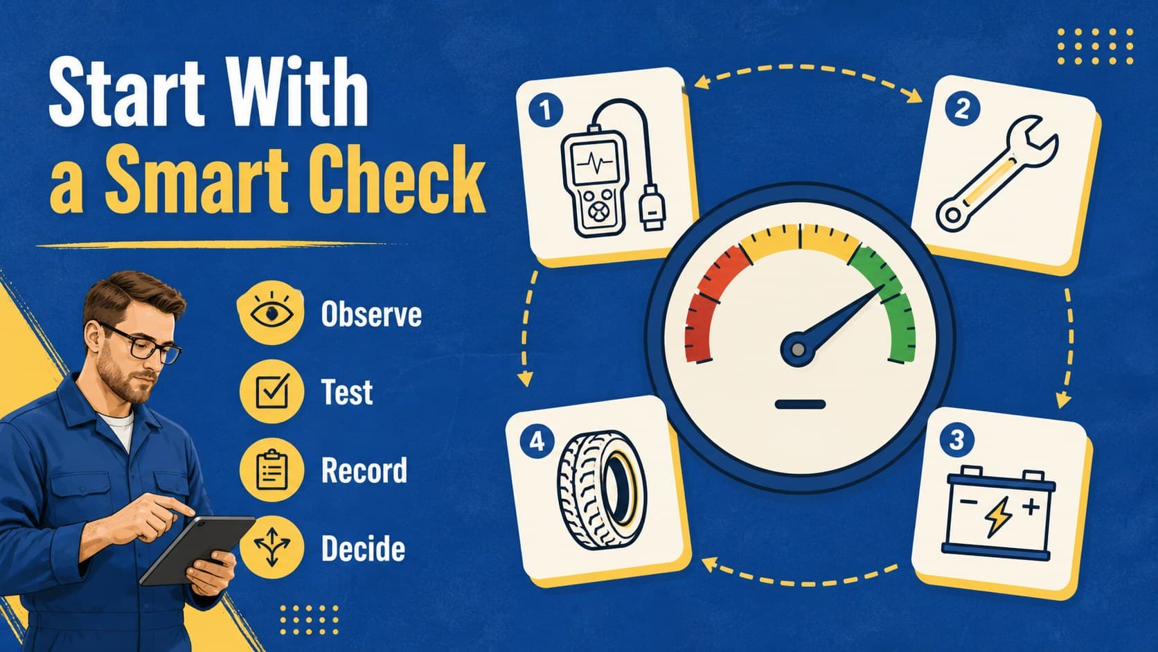 Mechanic course presentation slides showing illustrated diagnostic tools and inspection steps.