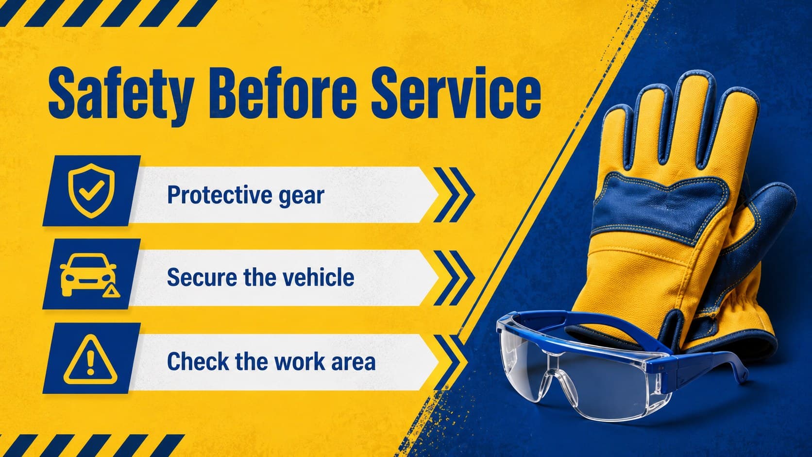 Automotive workshop safety briefing slide with illustrated protective equipment and procedures.