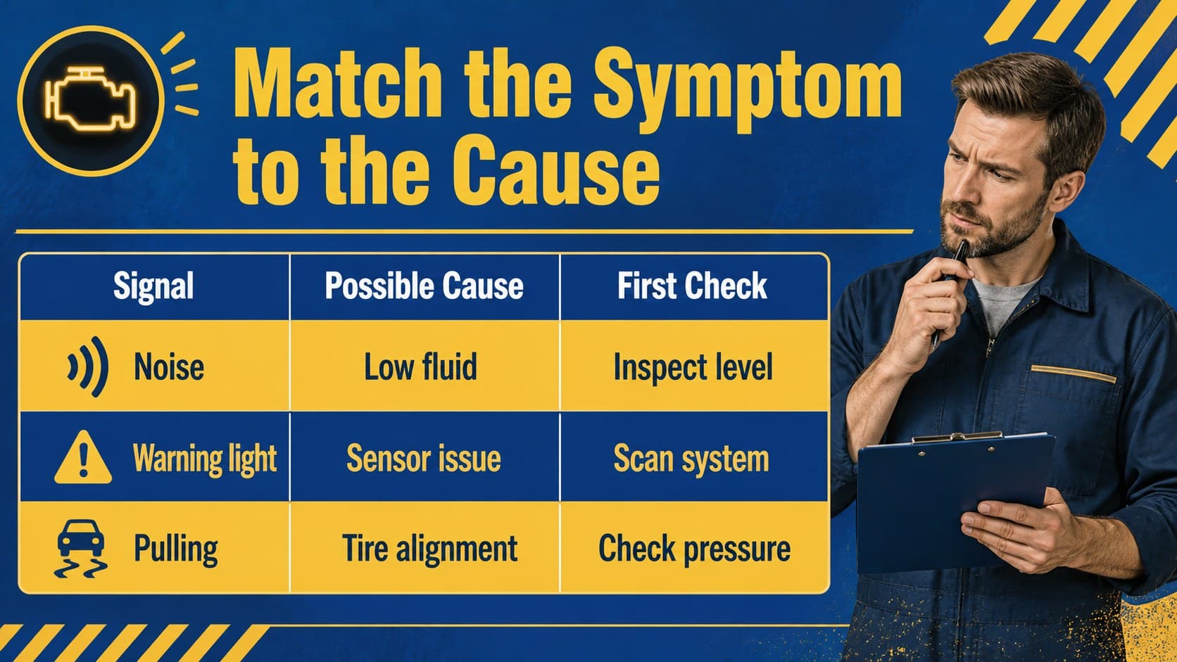 Technical mechanics course template slide comparing common vehicle repair symptoms.