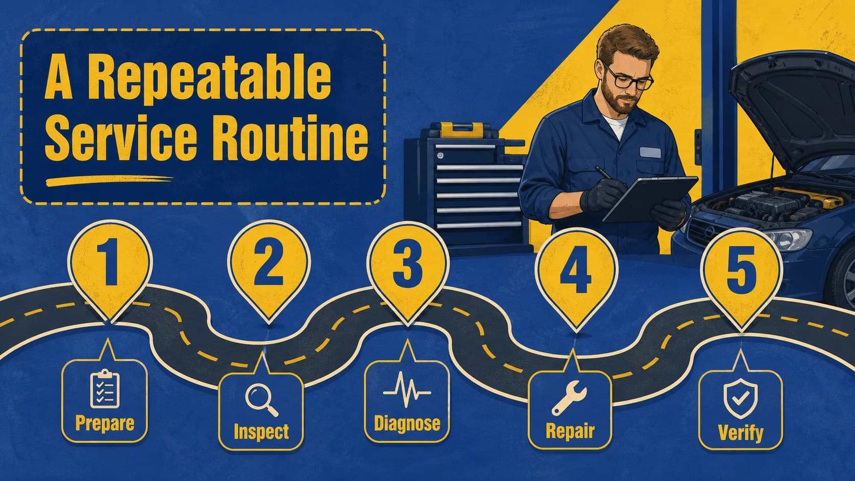 Car repair training PowerPoint slide presenting a step-by-step service workflow.