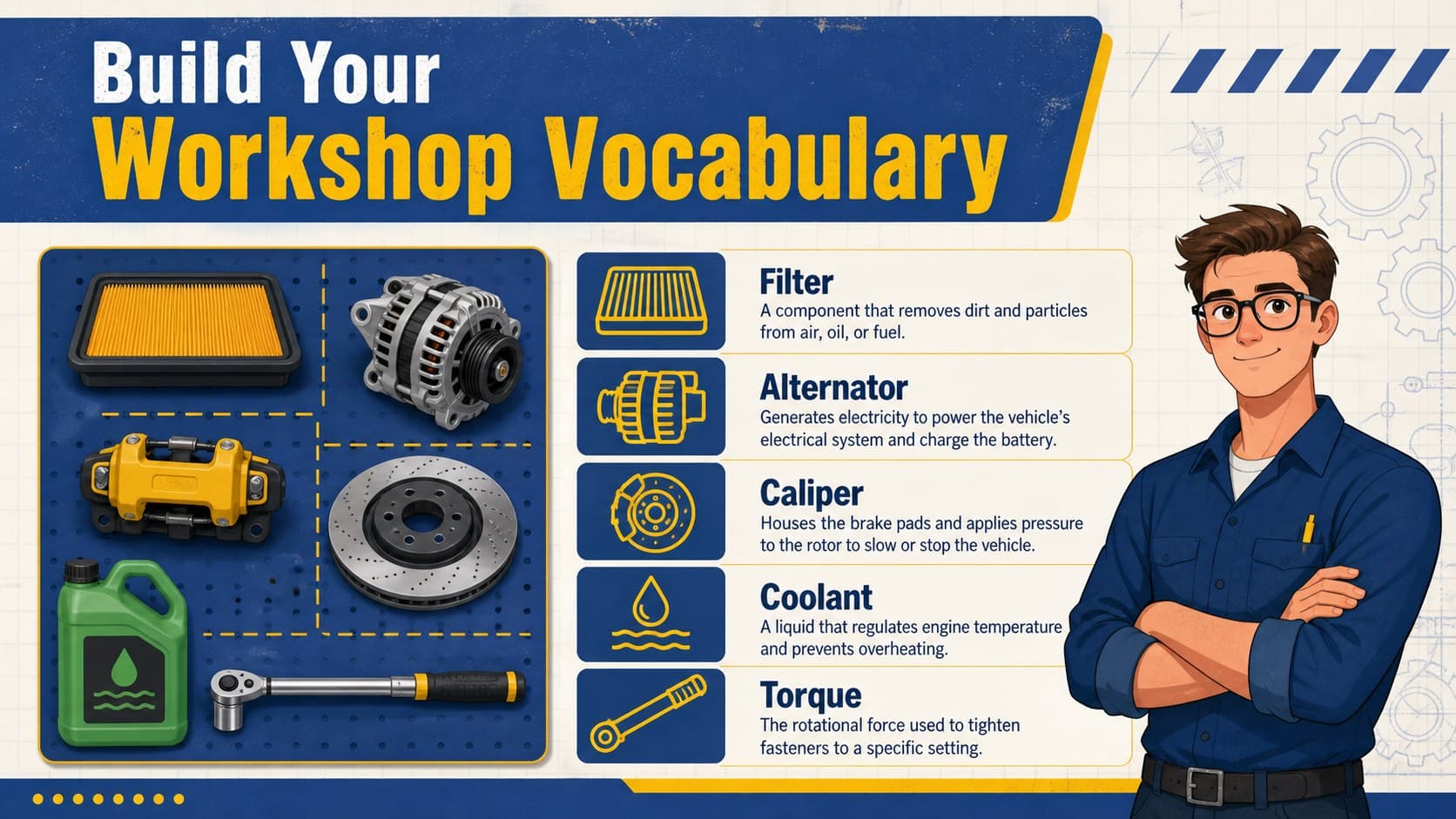 Automotive repair training presentation slide with an illustrated parts and tools reference board.