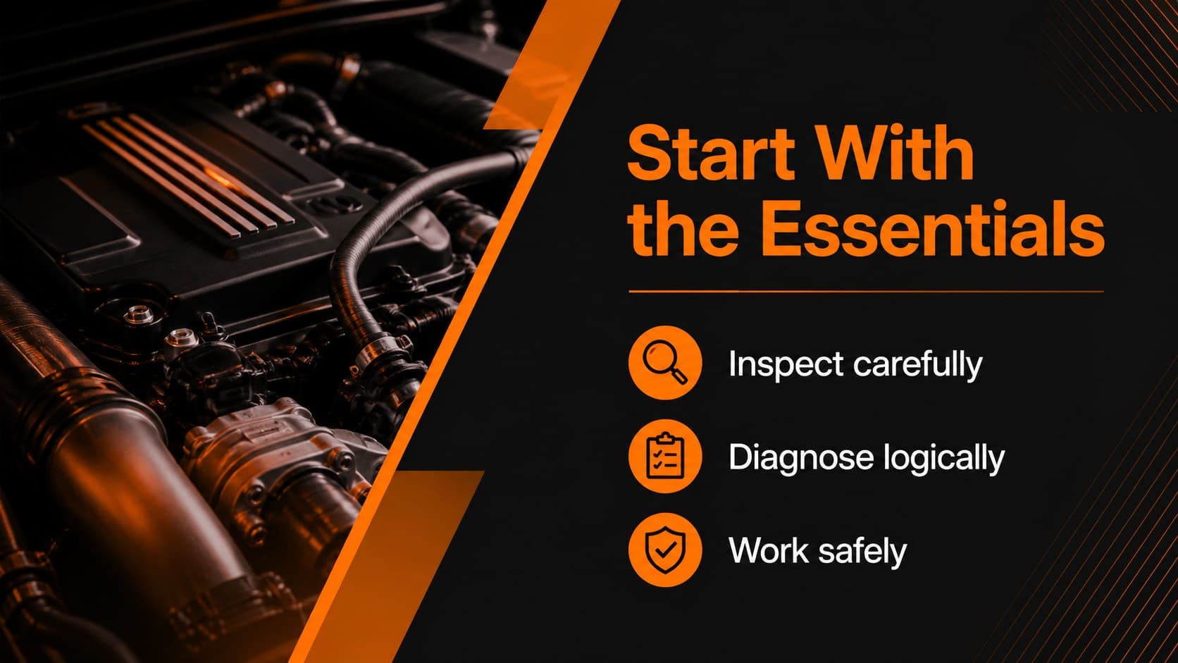 Vehicle maintenance lesson slide introducing core skills for automotive technicians.