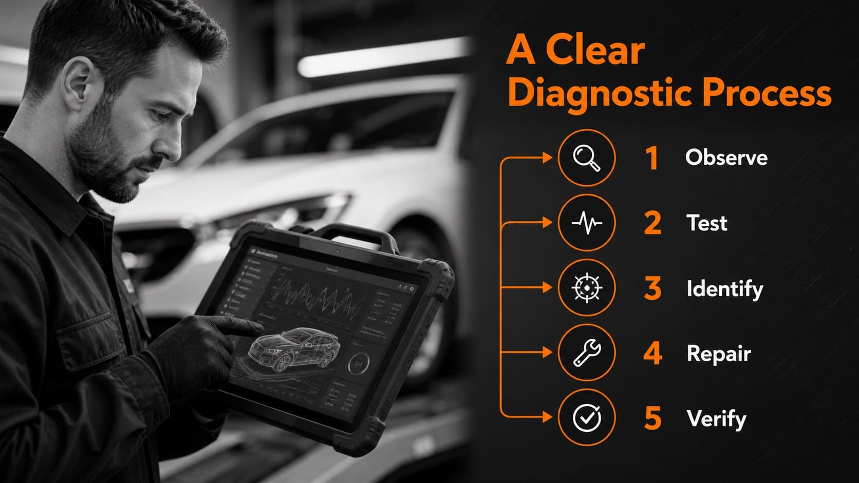 Automotive repair training presentation slide showing a diagnostic workflow.