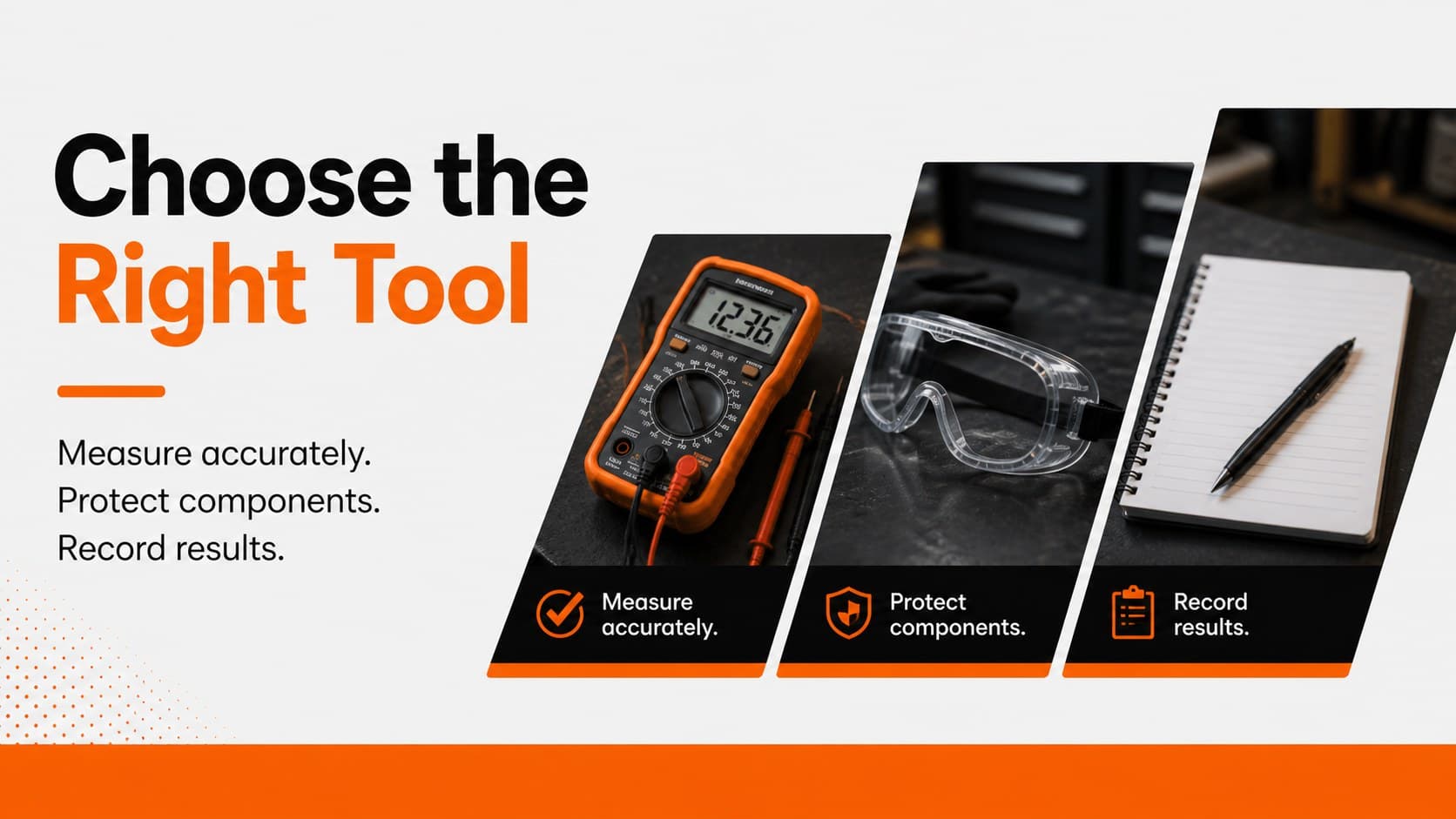 Vehicle maintenance workshop slide comparing inspection tools and recommended uses.