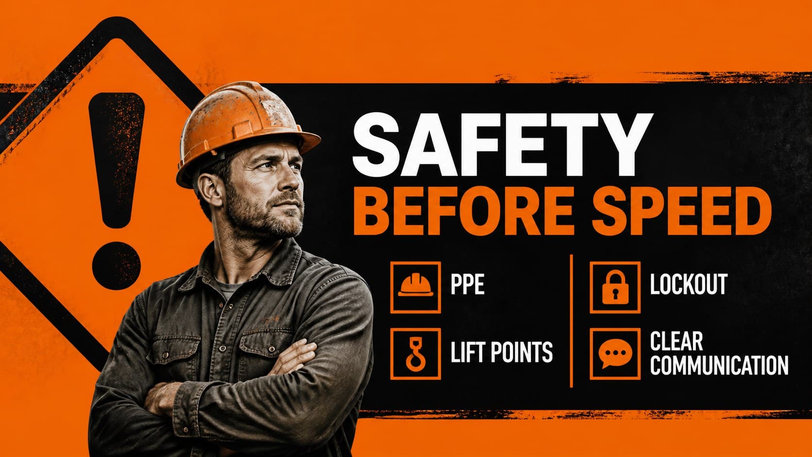 Mechanic safety briefing template slide with workshop hazard checks and protective measures.
