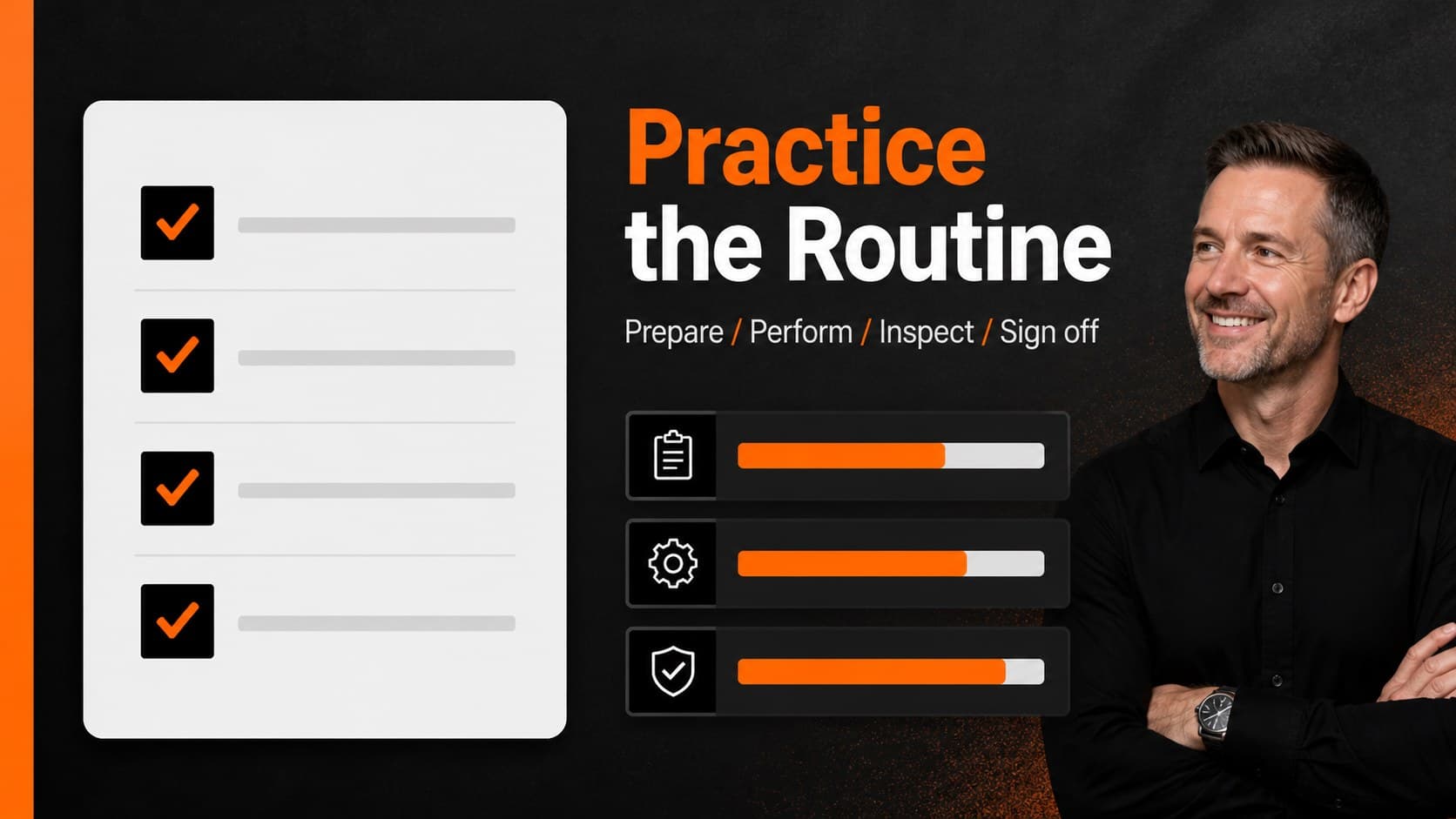 Automotive technician training slide featuring a practical service checklist and progress markers.