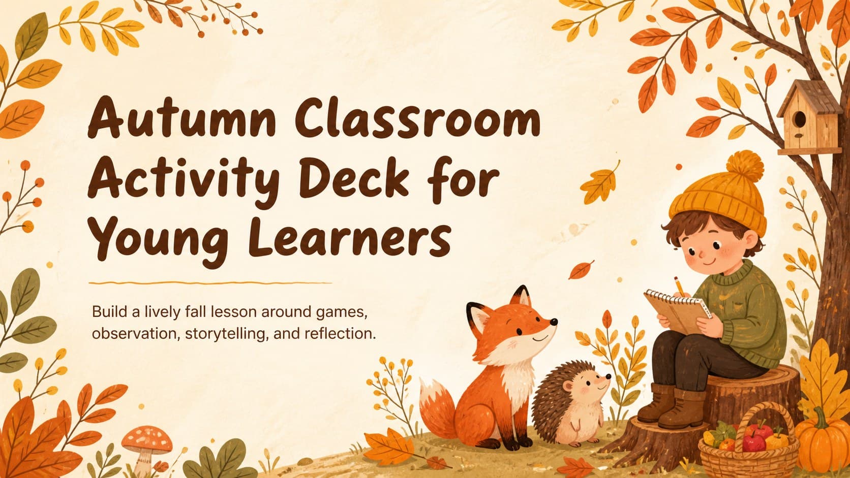 Cover of an autumn classroom activity deck with pastel leaves and original woodland characters.