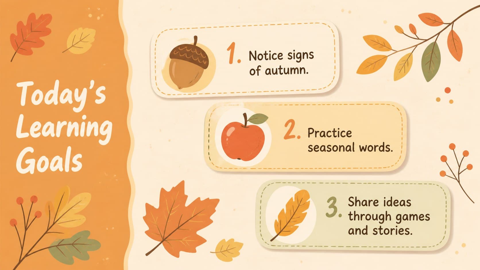 Elementary autumn lesson goals slide with three illustrated learning objectives.