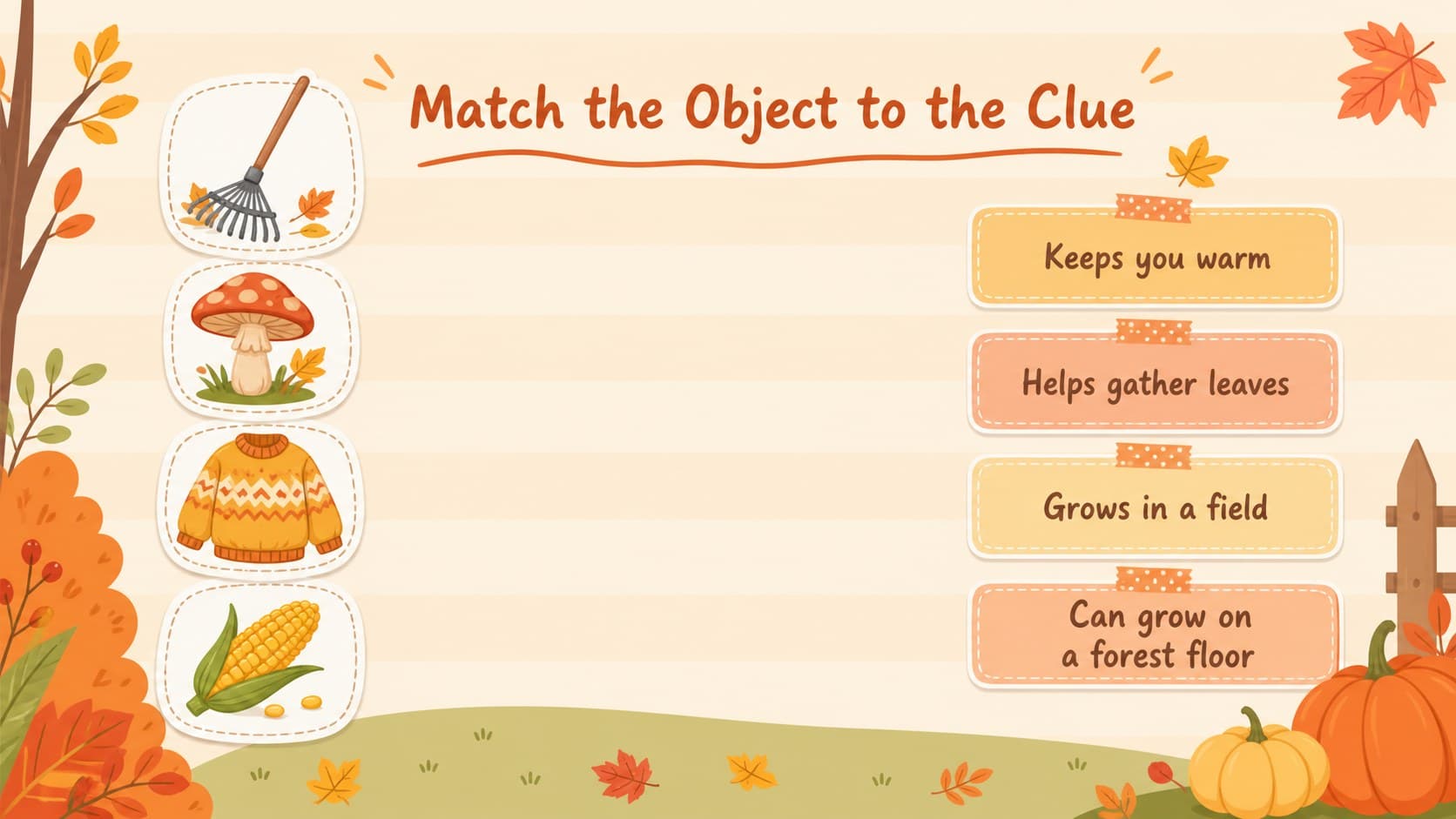 Seasonal classroom matching game pairing autumn objects with descriptive clues.