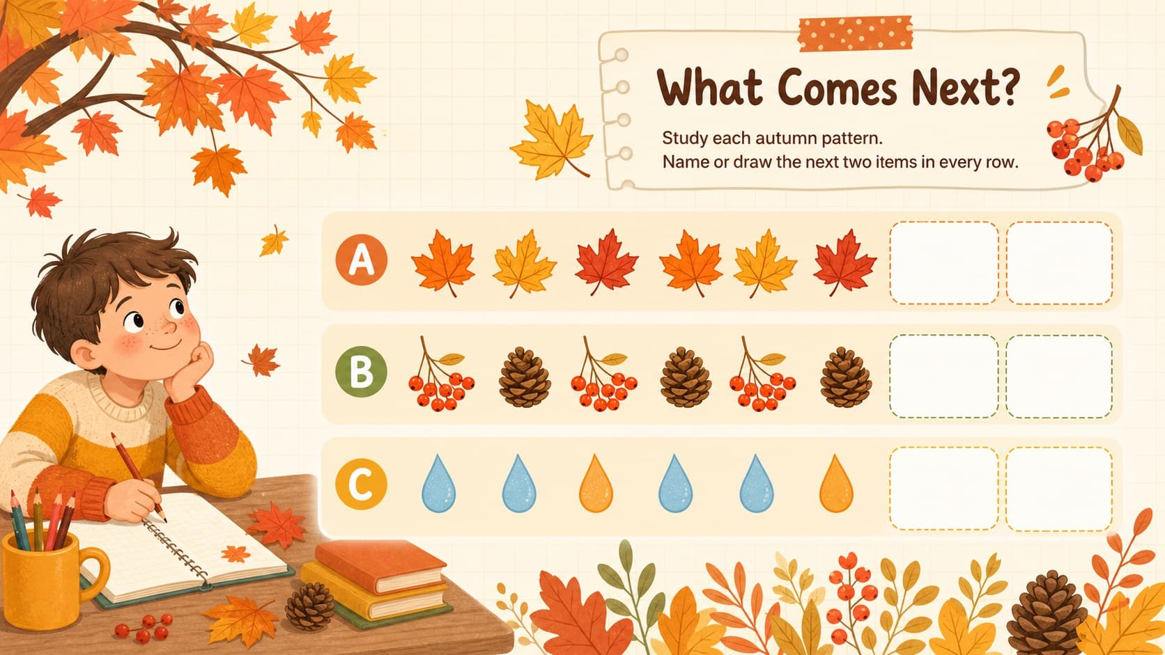 Interactive elementary pattern challenge using colorful autumn leaves and berries.